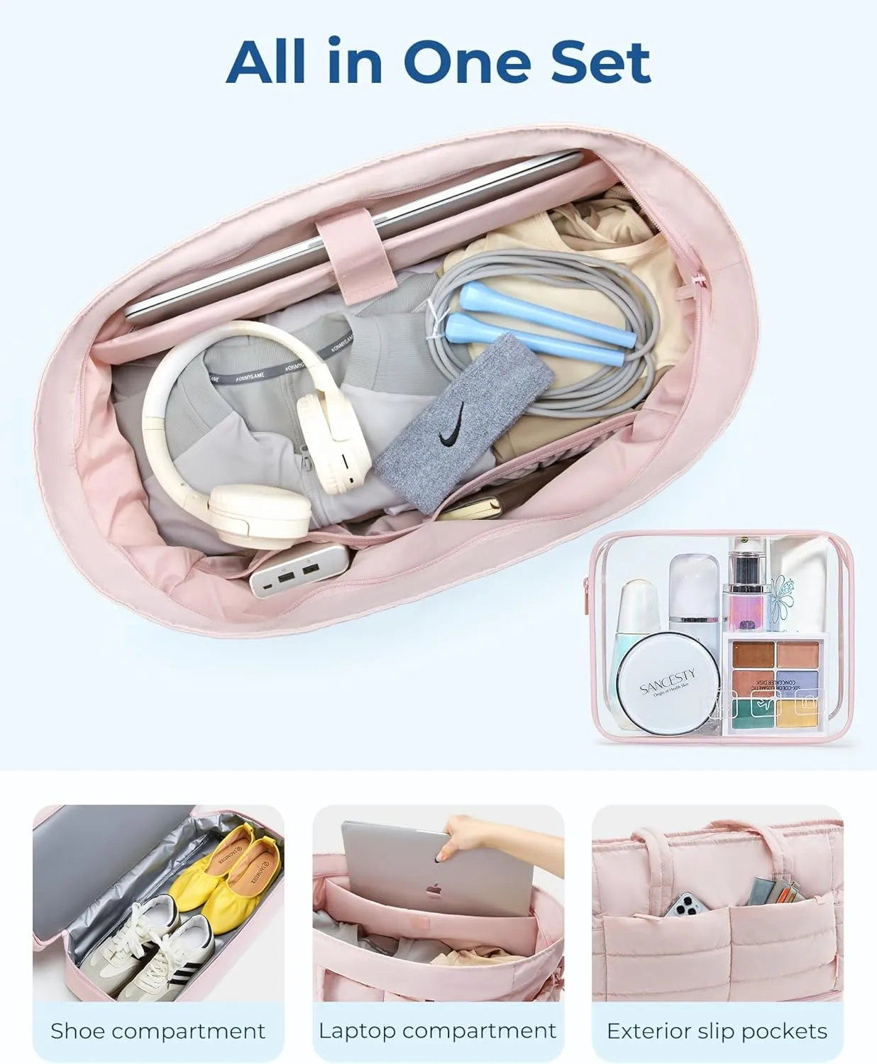 BAGSMART Large Travel Duffel Bag with Shoe Compartment, Puffer Carry-On Gym Weekender Bag for Women, Dark Pink