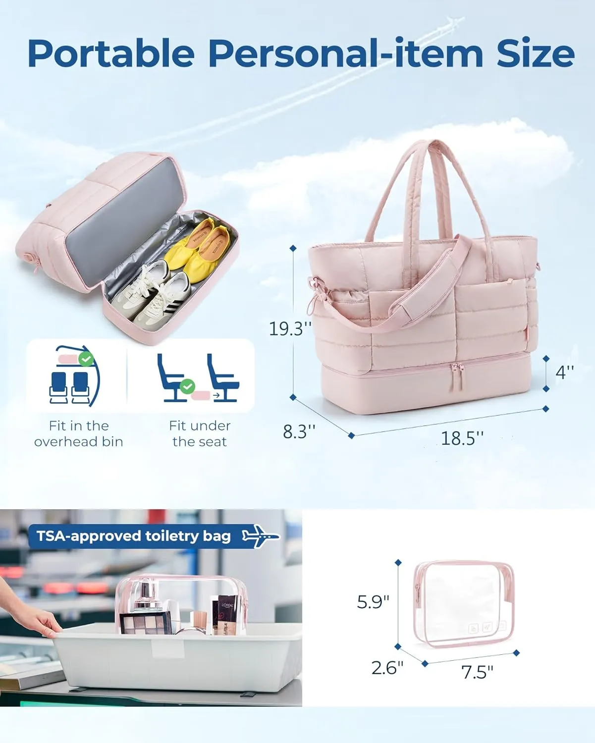 BAGSMART Large Travel Duffel Bag with Shoe Compartment, Puffer Carry-On Gym Weekender Bag for Women, Pink