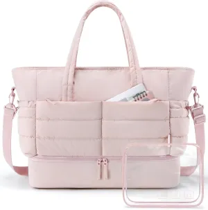 BAGSMART Large Travel Duffel Bag with Shoe Compartment, Puffer Carry-On Gym Weekender Bag for Women, Pink