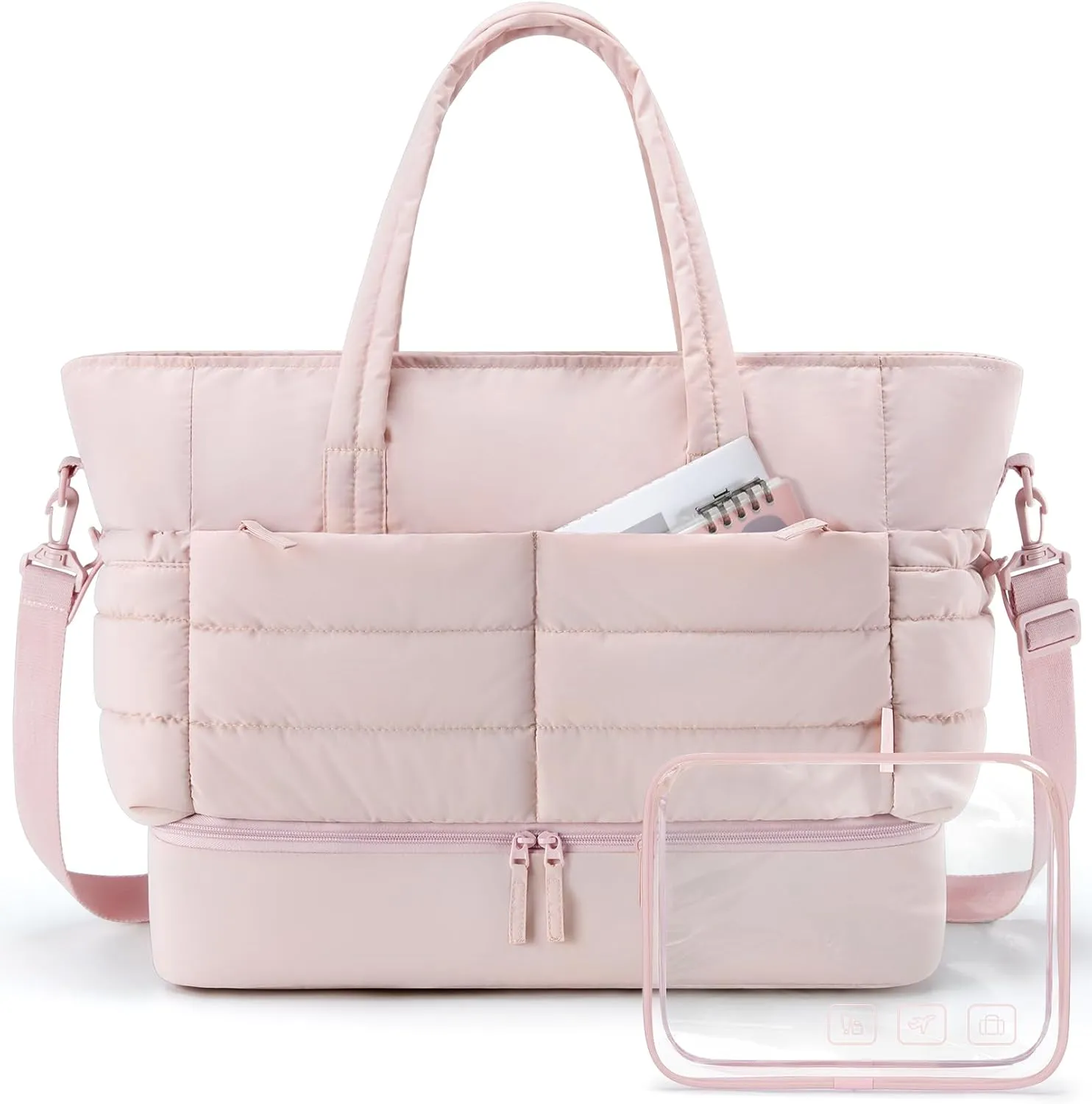 BAGSMART Large Travel Duffel Bag with Shoe Compartment, Puffer Carry-On Gym Weekender Bag for Women, Pink