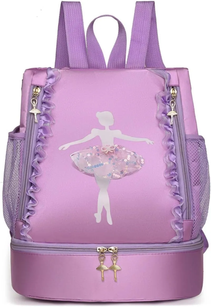 Ballet Dance Backpack with Separate Shoe Compartment,Cute Ballet Dance Bag,Ballerina Bag for Dance,Tutu Dress Dance Bag,Waterproof Small Duffle Bag for Girl (Purple), WDSJB54