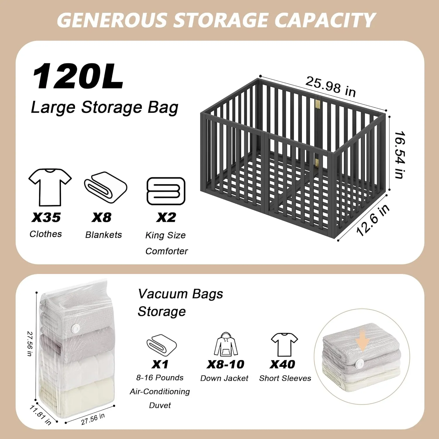 Bamboo Under Bed Storage Containers- Underbed Organizer with Wheels with Large Capacity Dust Bag,Sturdy Wood Rolling Under Bed Shoe Storage Organizer 2 Packs (Black, 2 Packs Tall (25"×16"x12"))