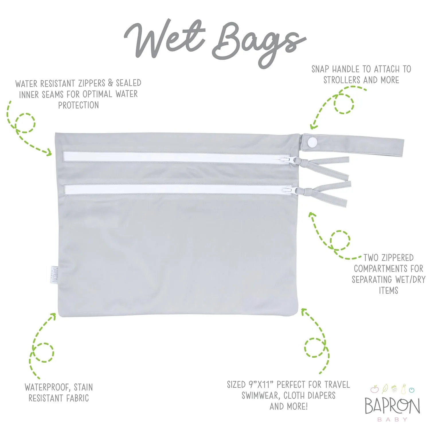 BapronBaby Minimalist Light Grey Wet Dry Bag - Waterproof Two Zipper Pockets - Reusable for Mealtime, Diapers, Stroller, Snacks, Swimsuits - Machine Washable - 11" x 9"