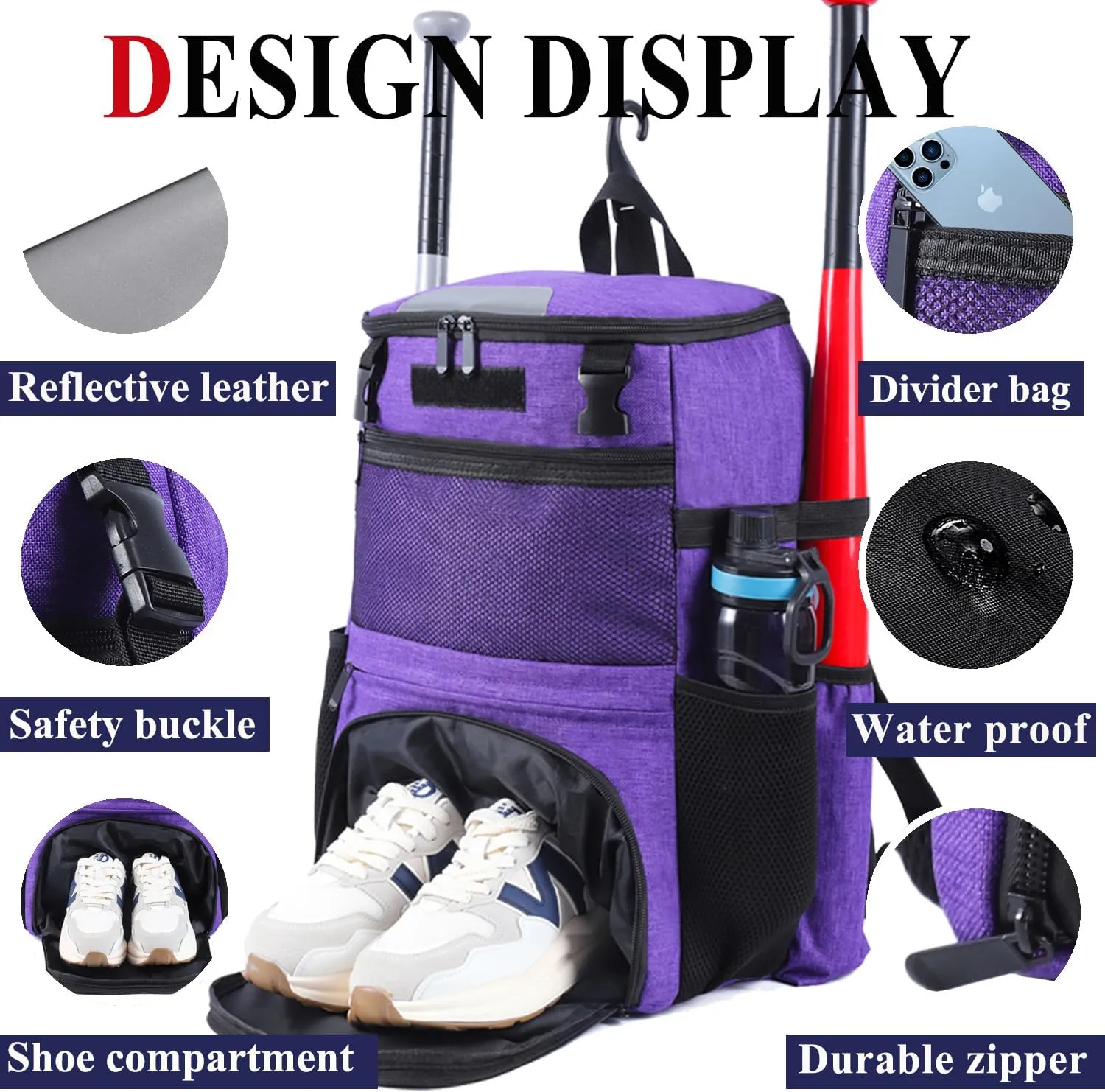 Baseball Backpack, Softball bag & T-Ball with Shoes Compartment for Youth, Boys and Adult, Lightweight Baseball Bag with Fence Hook Hold TBall Bat, Batting Mitten, Helmet, Caps, Teeball Gear