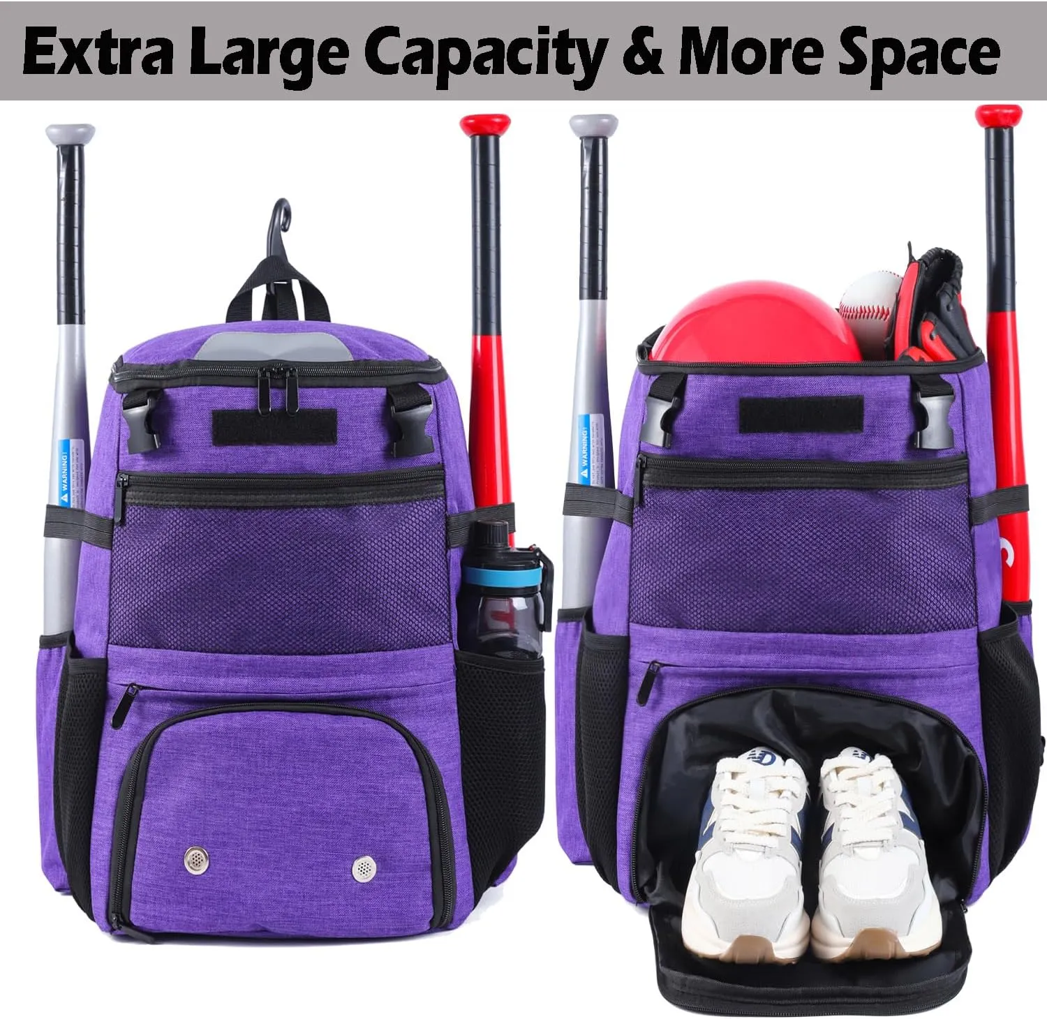 Baseball Backpack, Softball bag & T-Ball with Shoes Compartment for Youth, Boys and Adult, Lightweight Baseball Bag with Fence Hook Hold TBall Bat, Batting Mitten, Helmet, Caps, Teeball Gear