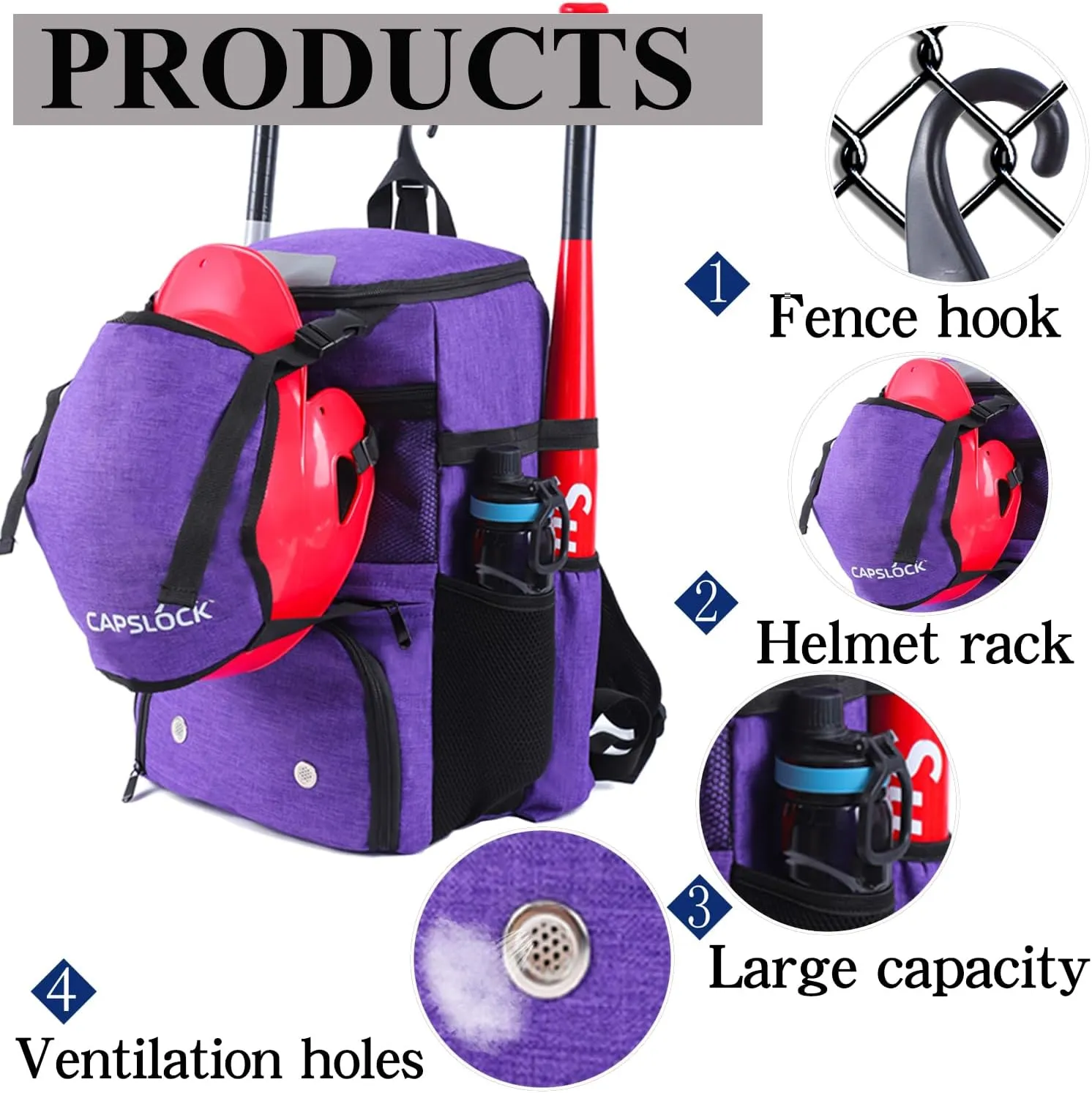 Baseball Backpack, Softball bag & T-Ball with Shoes Compartment for Youth, Boys and Adult, Lightweight Baseball Bag with Fence Hook Hold TBall Bat, Batting Mitten, Helmet, Caps, Teeball Gear