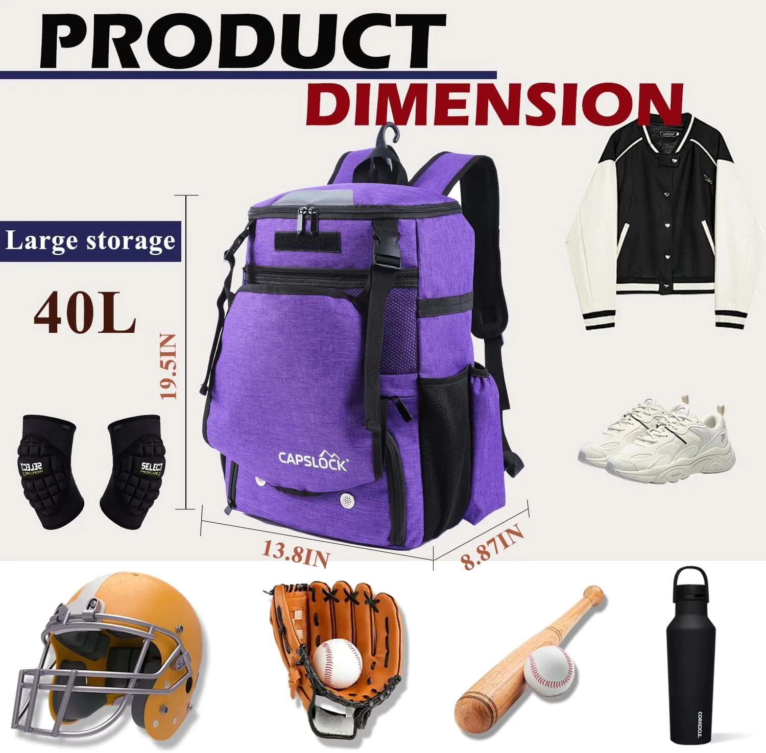 Baseball Backpack, Softball bag & T-Ball with Shoes Compartment for Youth, Boys and Adult, Lightweight Baseball Bag with Fence Hook Hold TBall Bat, Batting Mitten, Helmet, Caps, Teeball Gear
