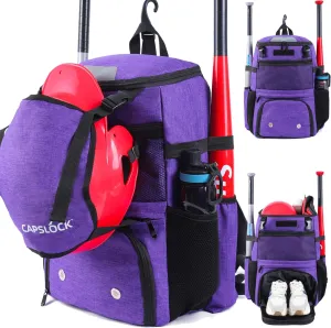 Baseball Backpack, Softball bag & T-Ball with Shoes Compartment for Youth, Boys and Adult, Lightweight Baseball Bag with Fence Hook Hold TBall Bat, Batting Mitten, Helmet, Caps, Teeball Gear