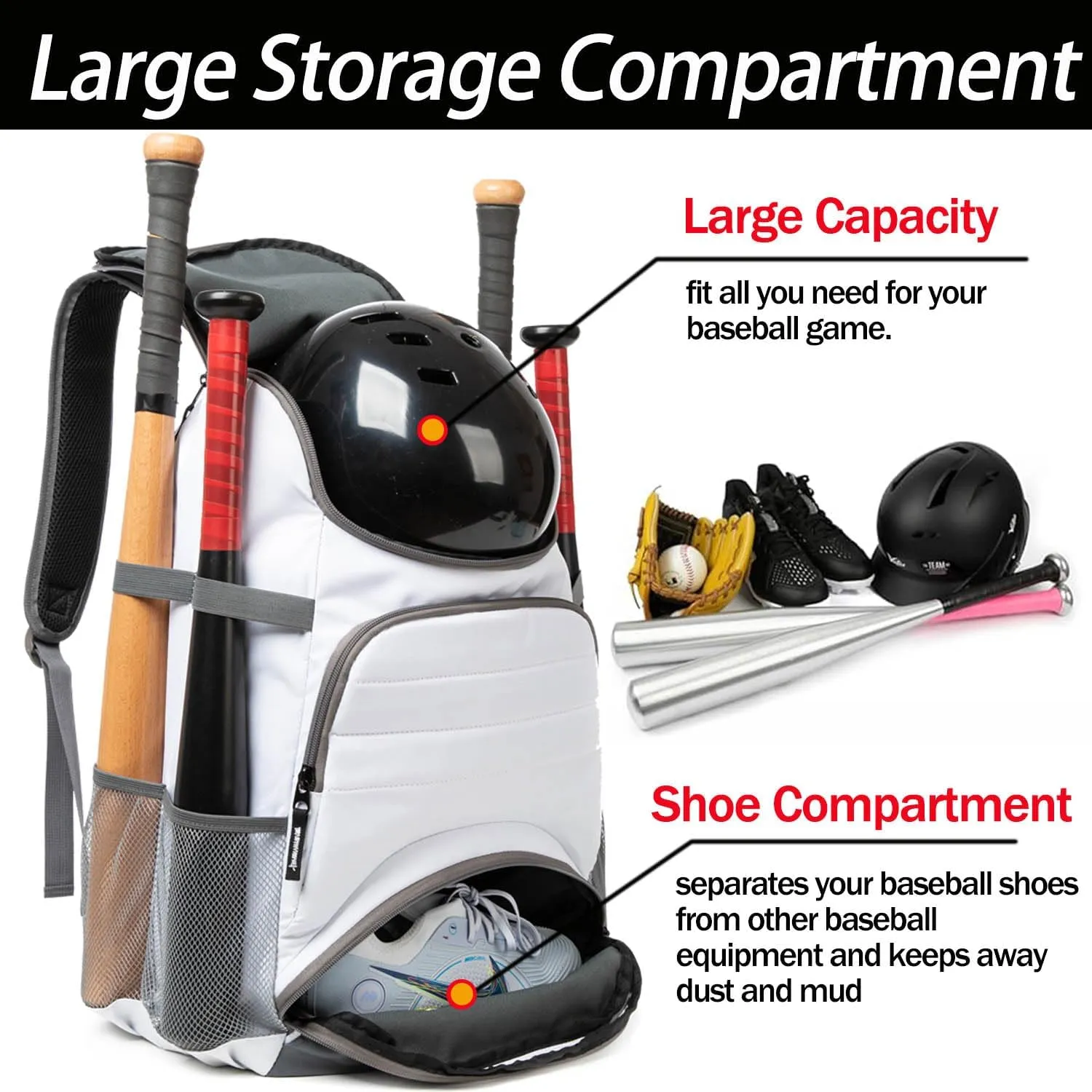 Baseball Bag - Lightweight Softball & T-Ball Backpack with Shoe Compartment for Equipment & Gear