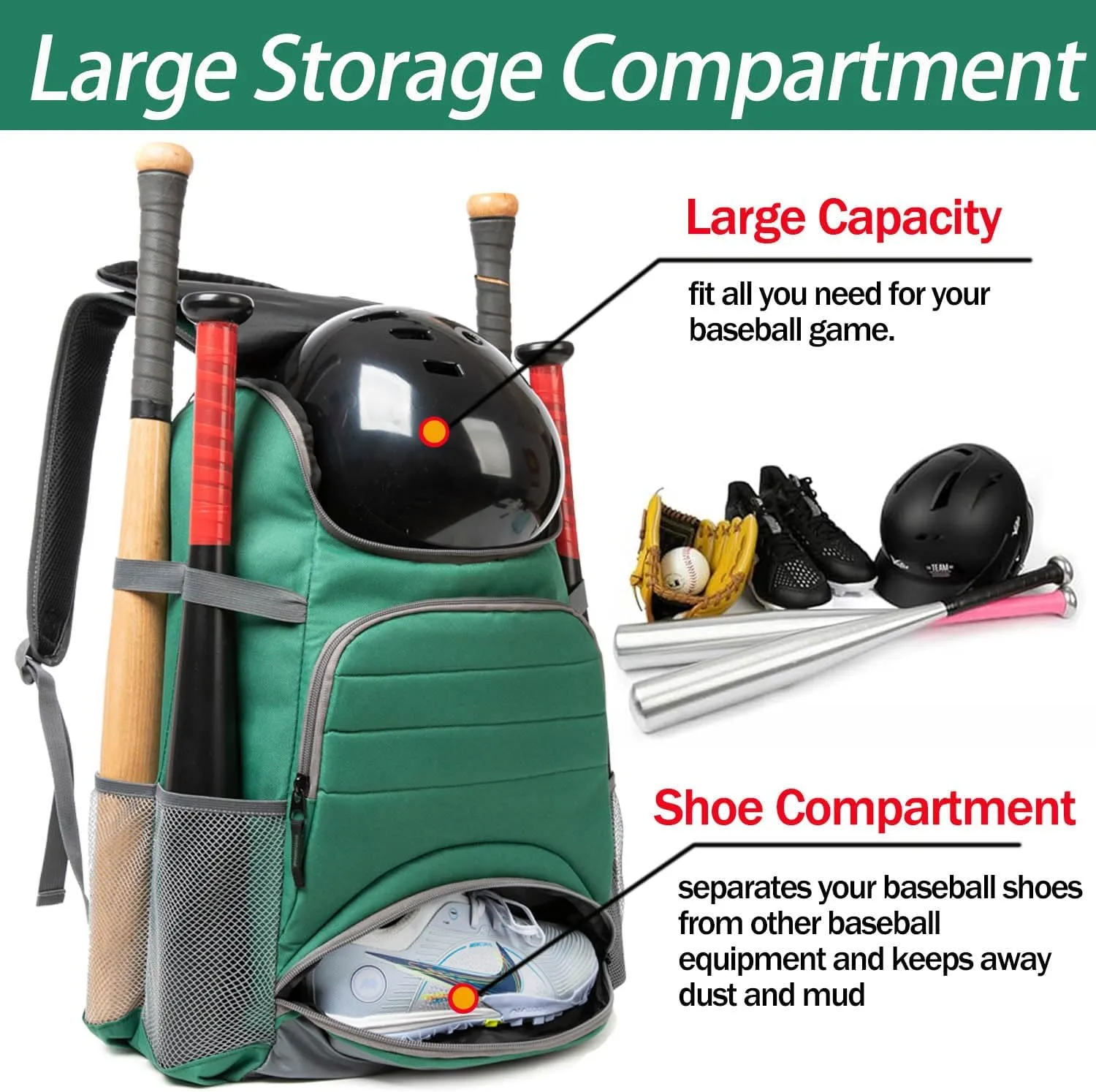 Baseball Bag - Lightweight Softball & T-Ball Backpack with Shoe Compartment for Equipment & Gear