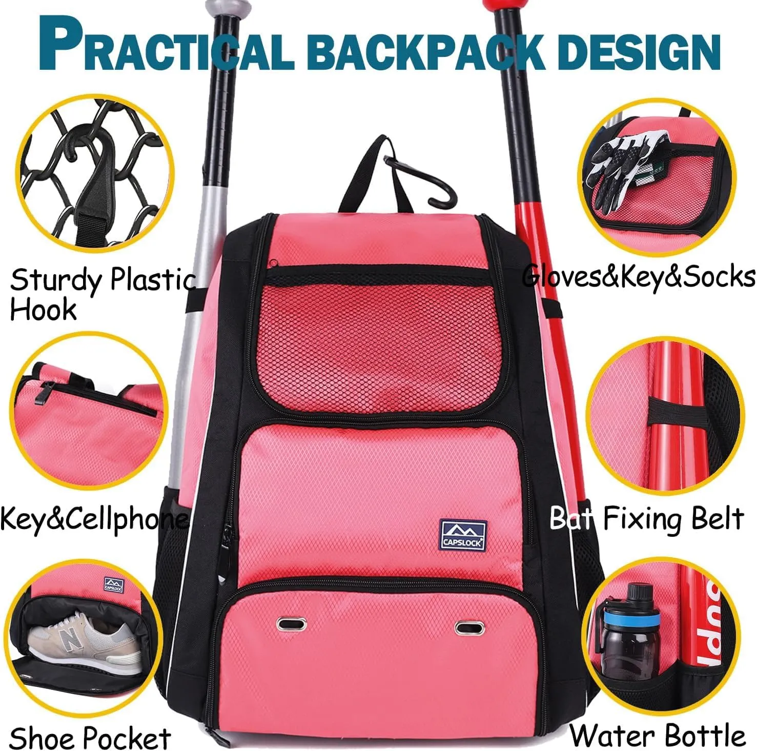 Baseball Bat Bag Backpack,T-Ball & Softball Bat Bag with Shoes Compartment for Youth and Adult, Lightweight Baseball Bag with Fence Hook Hold Bat, Batting Mitten, Helmet, Caps, Teeball Gear