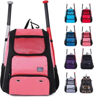Baseball Bat Bag Backpack,T-Ball & Softball Bat Bag with Shoes Compartment for Youth and Adult, Lightweight Baseball Bag with Fence Hook Hold Bat, Batting Mitten, Helmet, Caps, Teeball Gear