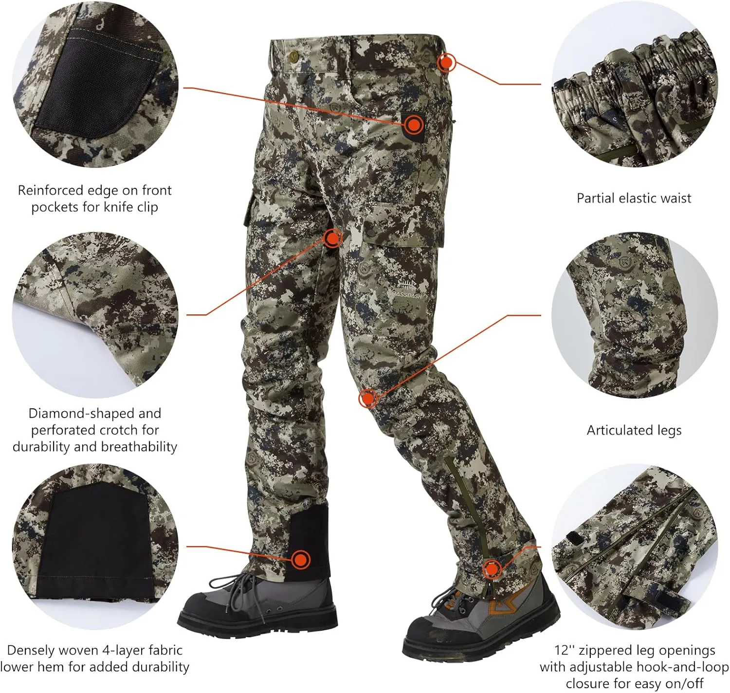 BASSDASH Walker Men’s Waterproof Breathable Hunting Pants with Silent Outer Fabric for Fishing Turkey Upland