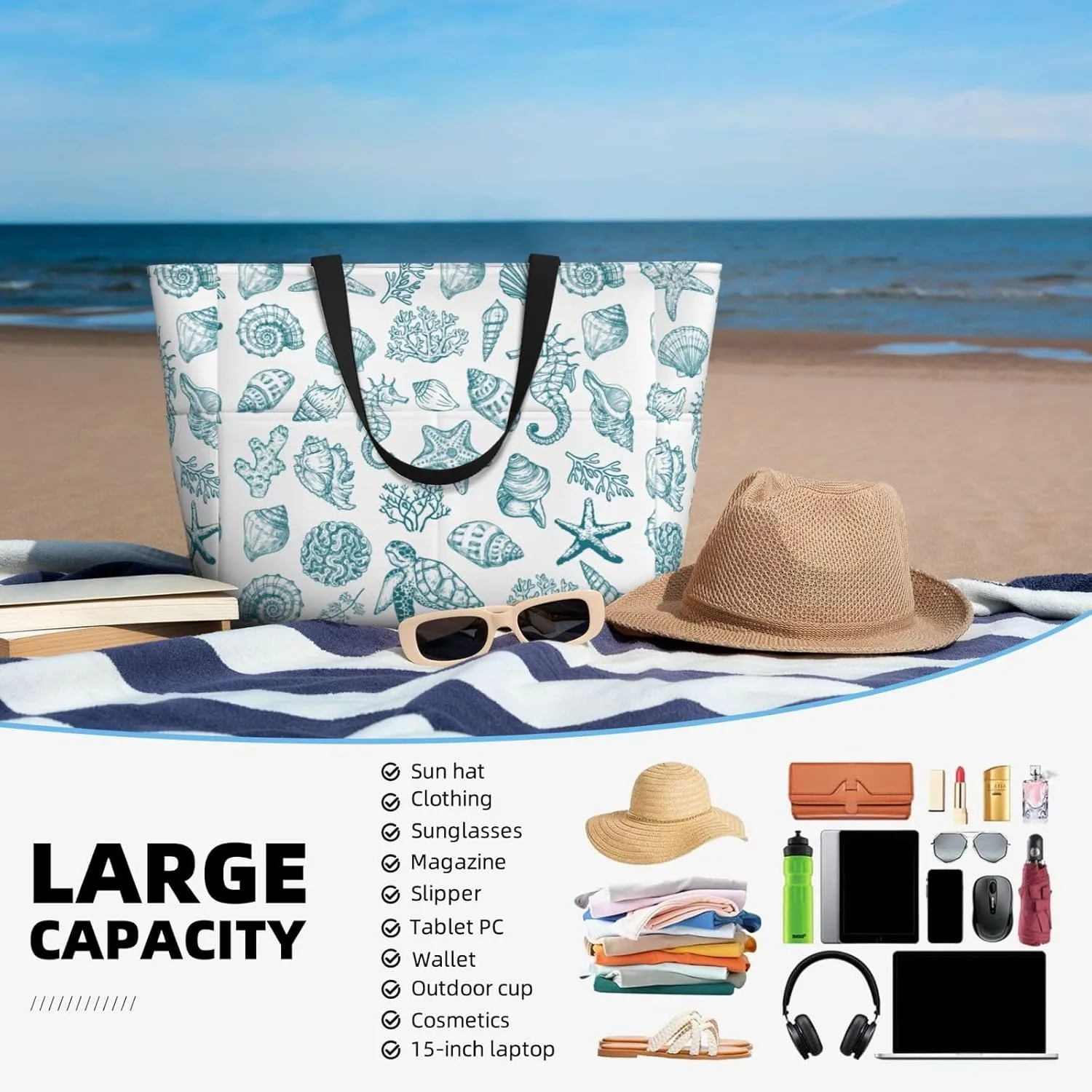 Beach Tote Bag for Women Beach Bag Waterproof and Sandproof Tote Bag with Wet Bag Large Travel Bag for Weekend Travel