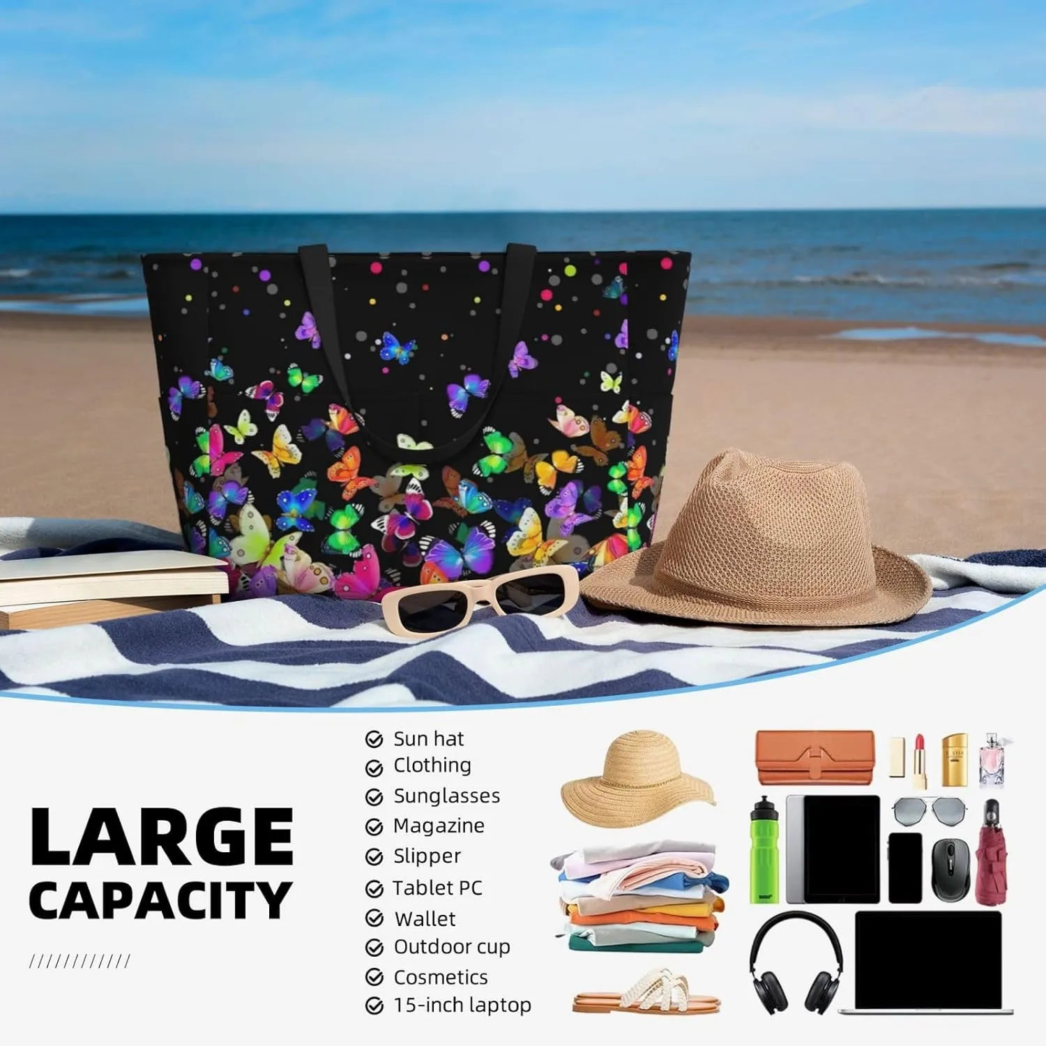 Beach Tote Bag for Women Beach Bag Waterproof and Sandproof Tote Bag with Wet Bag Large Travel Bag for Weekend Travel