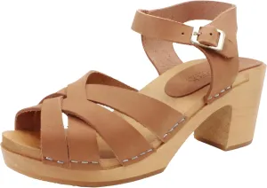 Bjork Women's Mid-Heel Wooden Leather Clog Sandals