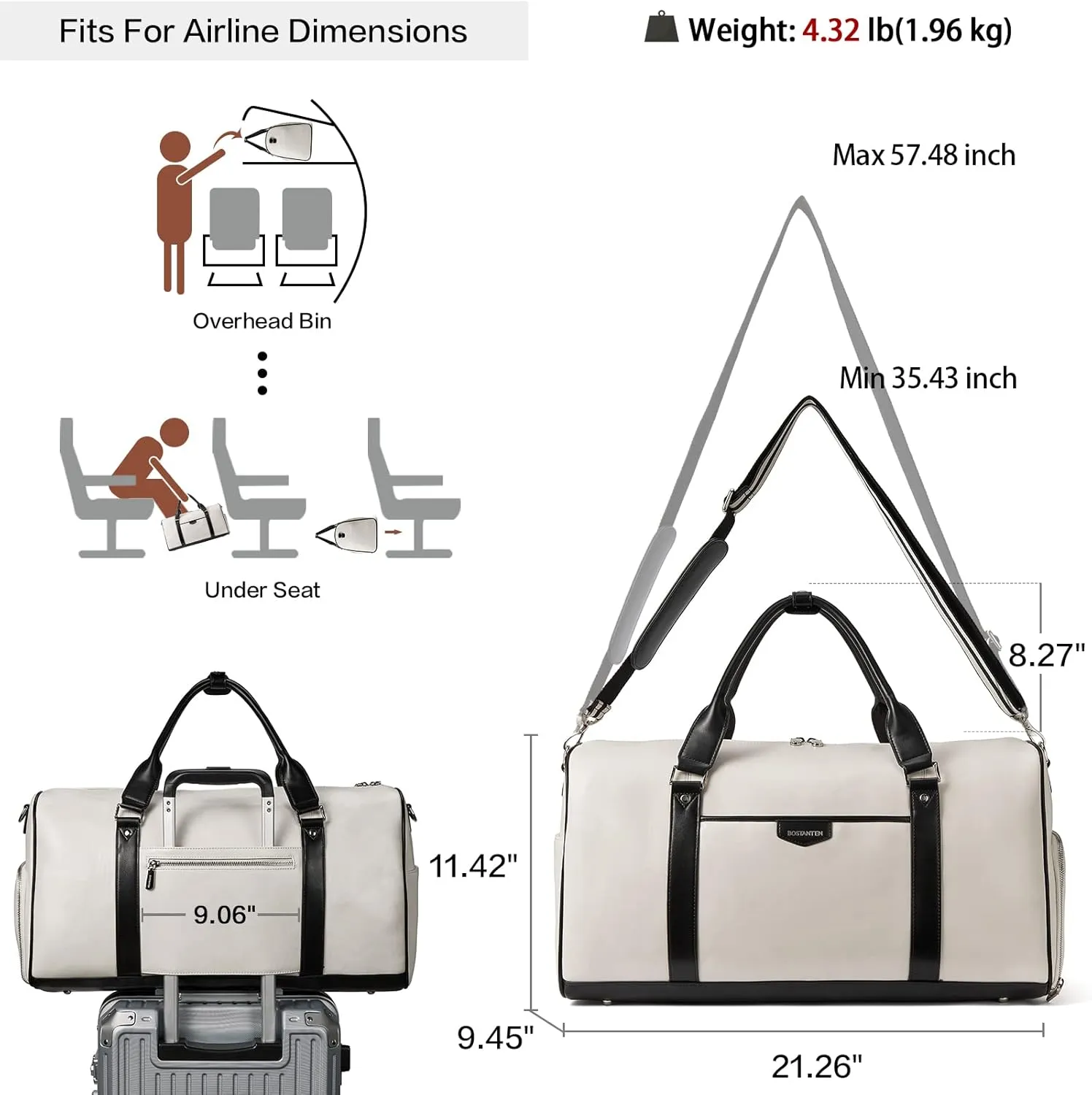 BOSTANTEN Weekender Bags for Women Leather Duffle Large Travel Bag Carry On Duffel with Shoe Compartment