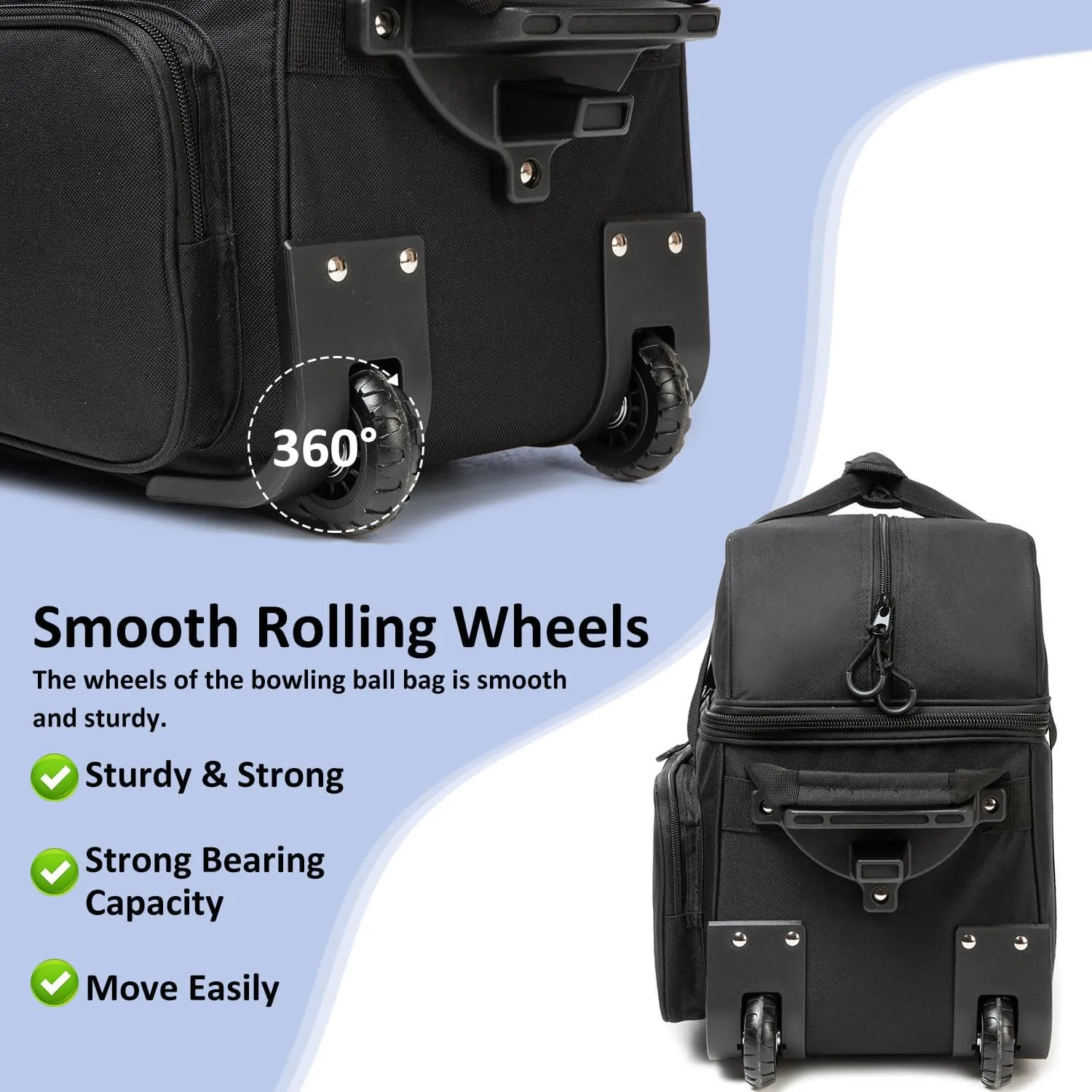 Bowling Bag with Wheels Double Roller 2 Ball Bowling Separate Shoe Compartment and Oversized Accessory Pocket, 36.6" Extendable Handle.