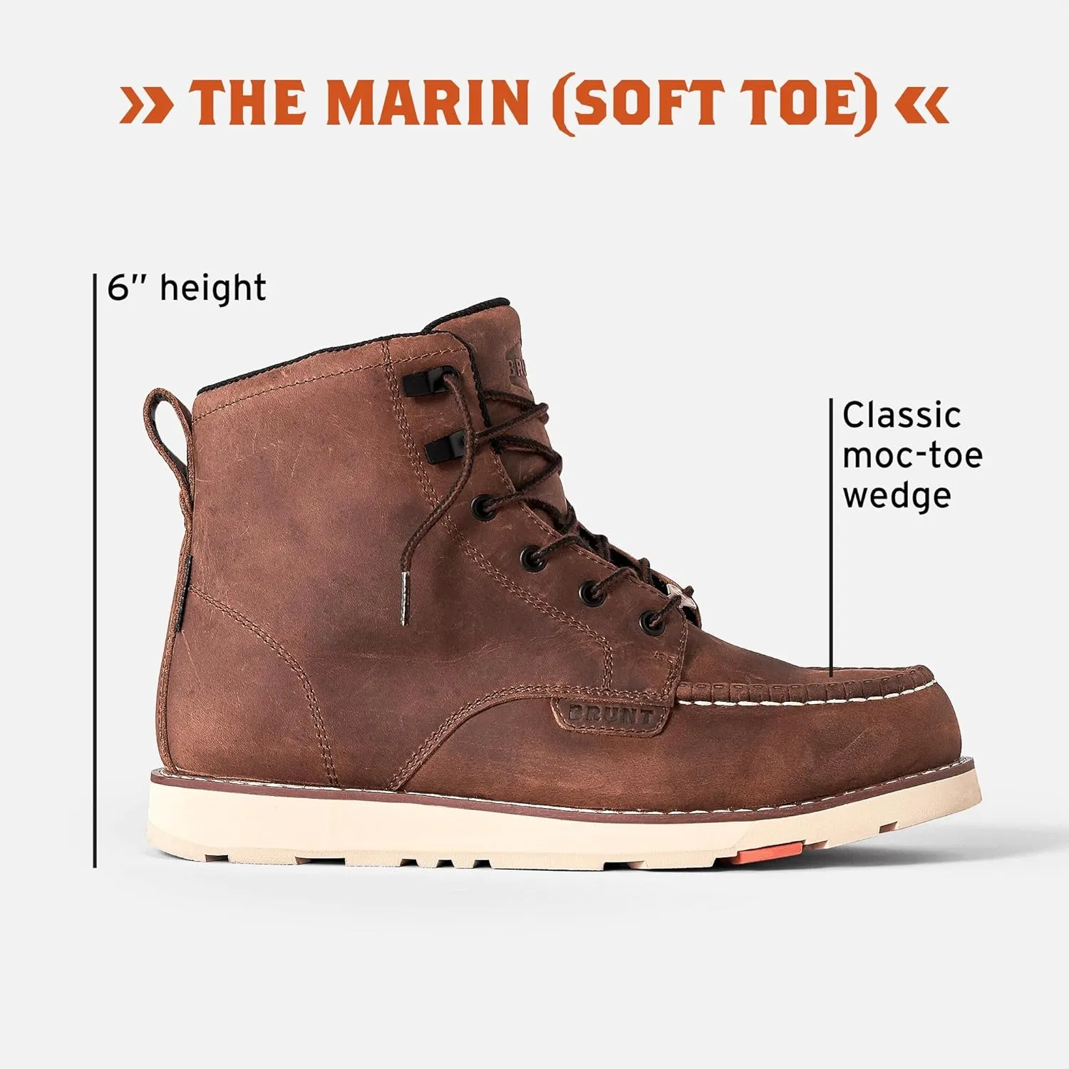 BRUNT Marin (Soft Toe) - Brown - 6" Waterproof Moc Toe Wedge Work Boot - EH Rated - Slip   Oil Resistant - Adjustable Width System