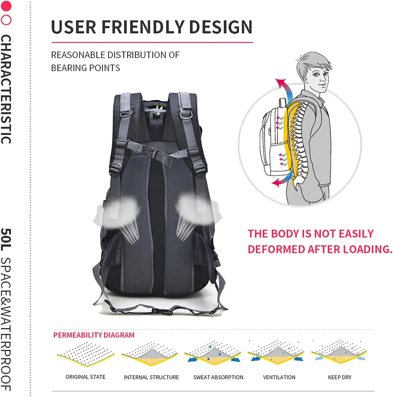 Bseash 50L Hiking Backpack, Water Resistant Lightweight Outdoor Sport Daypack Travel Bag for Camping Climbing Skiing Cycling (Purple - No Shoe Compartment)