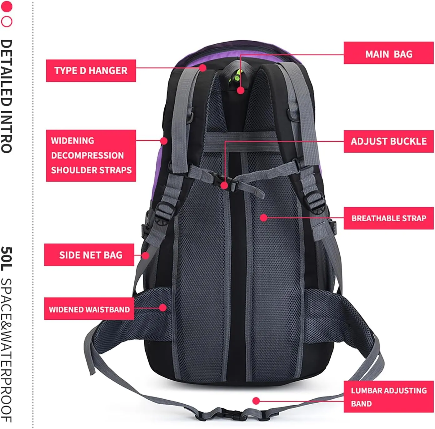 Bseash 50L Hiking Backpack, Water Resistant Lightweight Outdoor Sport Daypack Travel Bag for Camping Climbing Skiing Cycling (Purple - No Shoe Compartment)