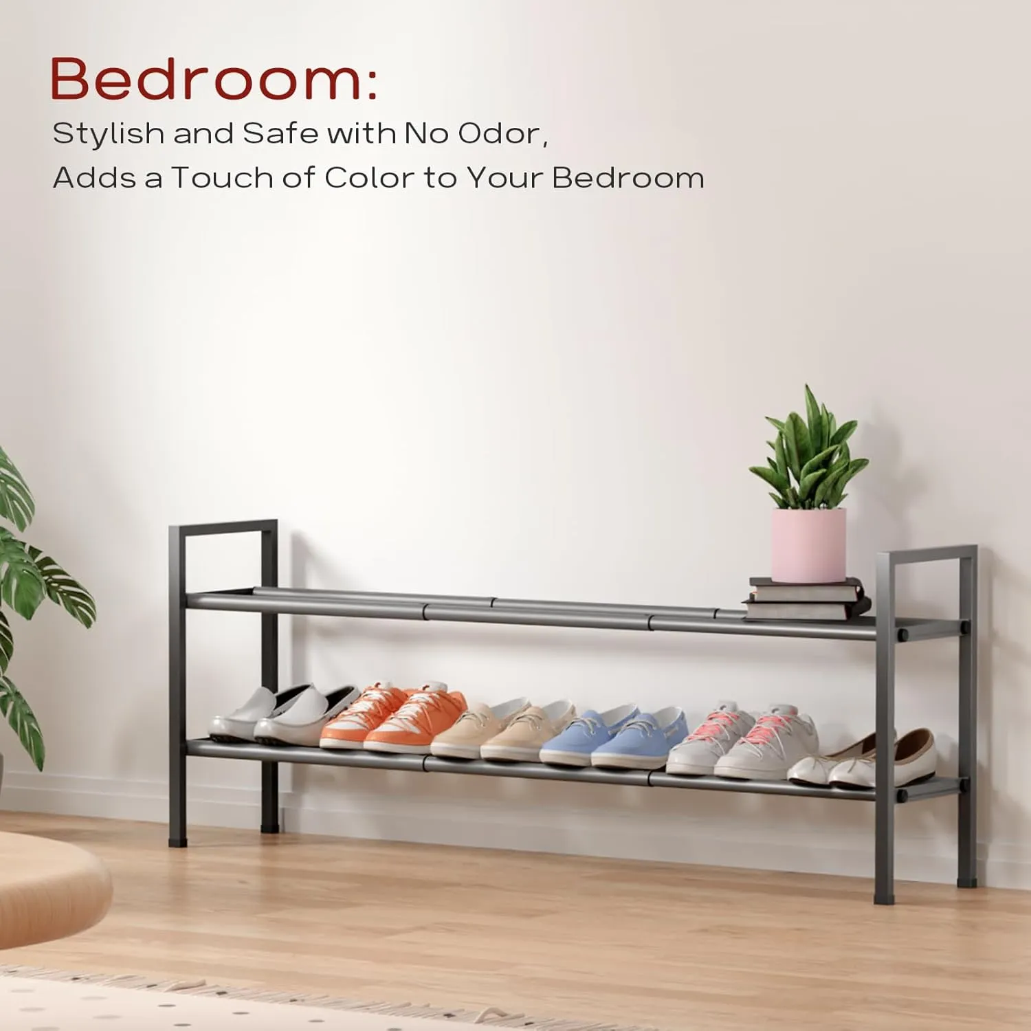Bumusty 2-Tier Long Expandable Shoe Rack for Closet, 18"-44" Adjustable Shoe Rack for Entryway, 10-12 Pairs Large Shoe Organizer Shelf Storage, Sturdy Metal, Grey