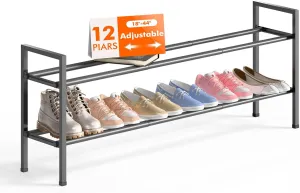 Bumusty 2-Tier Long Expandable Shoe Rack for Closet, 18"-44" Adjustable Shoe Rack for Entryway, 10-12 Pairs Large Shoe Organizer Shelf Storage, Sturdy Metal, Grey