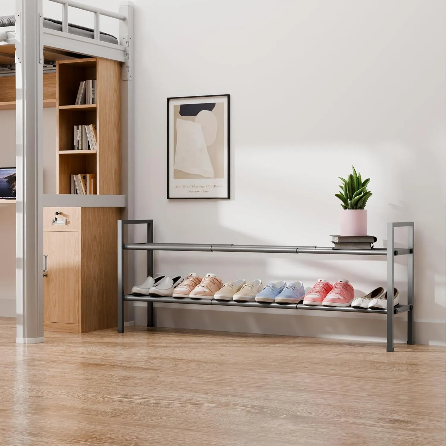 Bumusty 2-Tier Long Expandable Shoe Rack for Closet, 18"-44" Adjustable Shoe Rack for Entryway, 10-12 Pairs Large Shoe Organizer Shelf Storage, Sturdy Metal, Grey