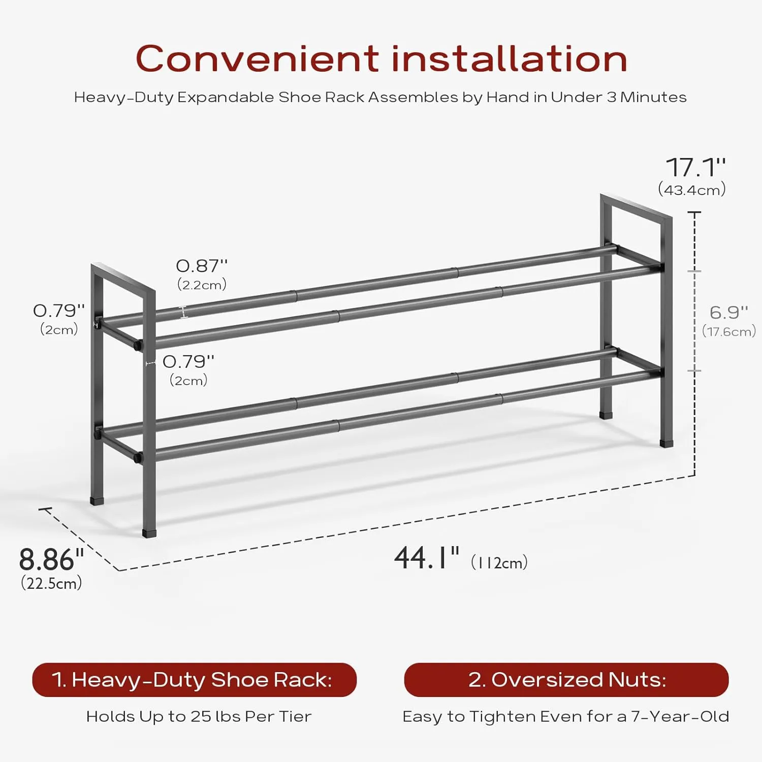 Bumusty 2-Tier Long Expandable Shoe Rack for Closet, 18"-44" Adjustable Shoe Rack for Entryway, 10-12 Pairs Large Shoe Organizer Shelf Storage, Sturdy Metal, Grey