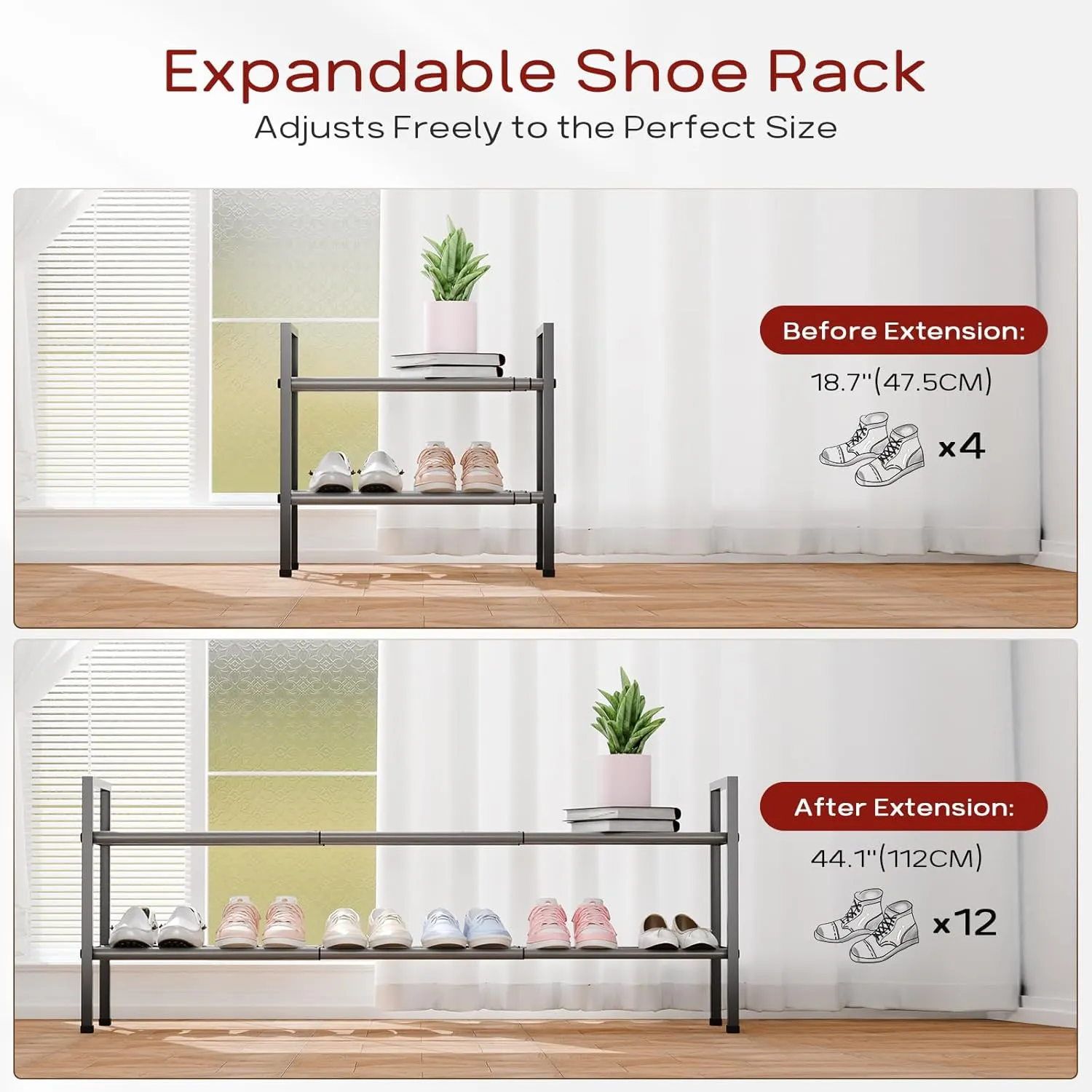 Bumusty 2-Tier Long Expandable Shoe Rack for Closet, 18"-44" Adjustable Shoe Rack for Entryway, 10-12 Pairs Large Shoe Organizer Shelf Storage, Sturdy Metal, Grey