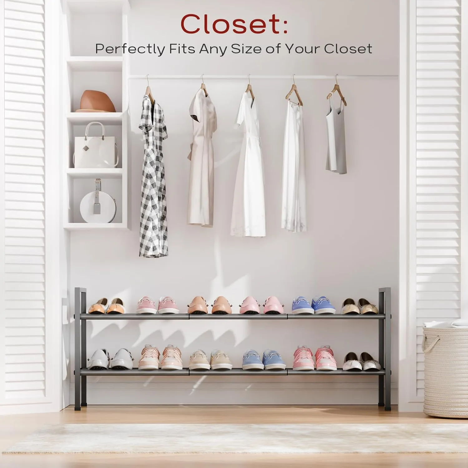 Bumusty 2-Tier Long Expandable Shoe Rack for Closet, 18"-44" Adjustable Shoe Rack for Entryway, 10-12 Pairs Large Shoe Organizer Shelf Storage, Sturdy Metal, Grey