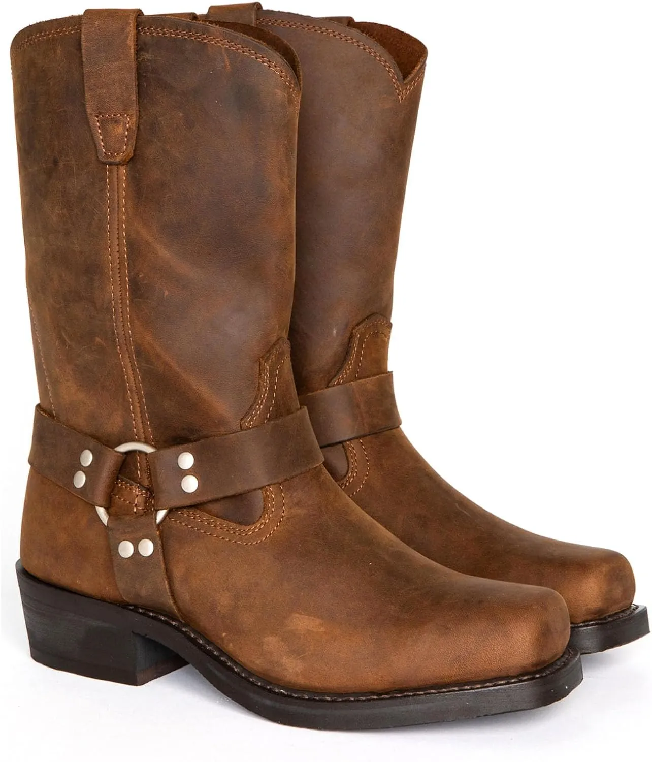ByErz Cowboy Boots for Men Western Boot Classic with Metal Buckle Square Toe Mid-Calf Boots