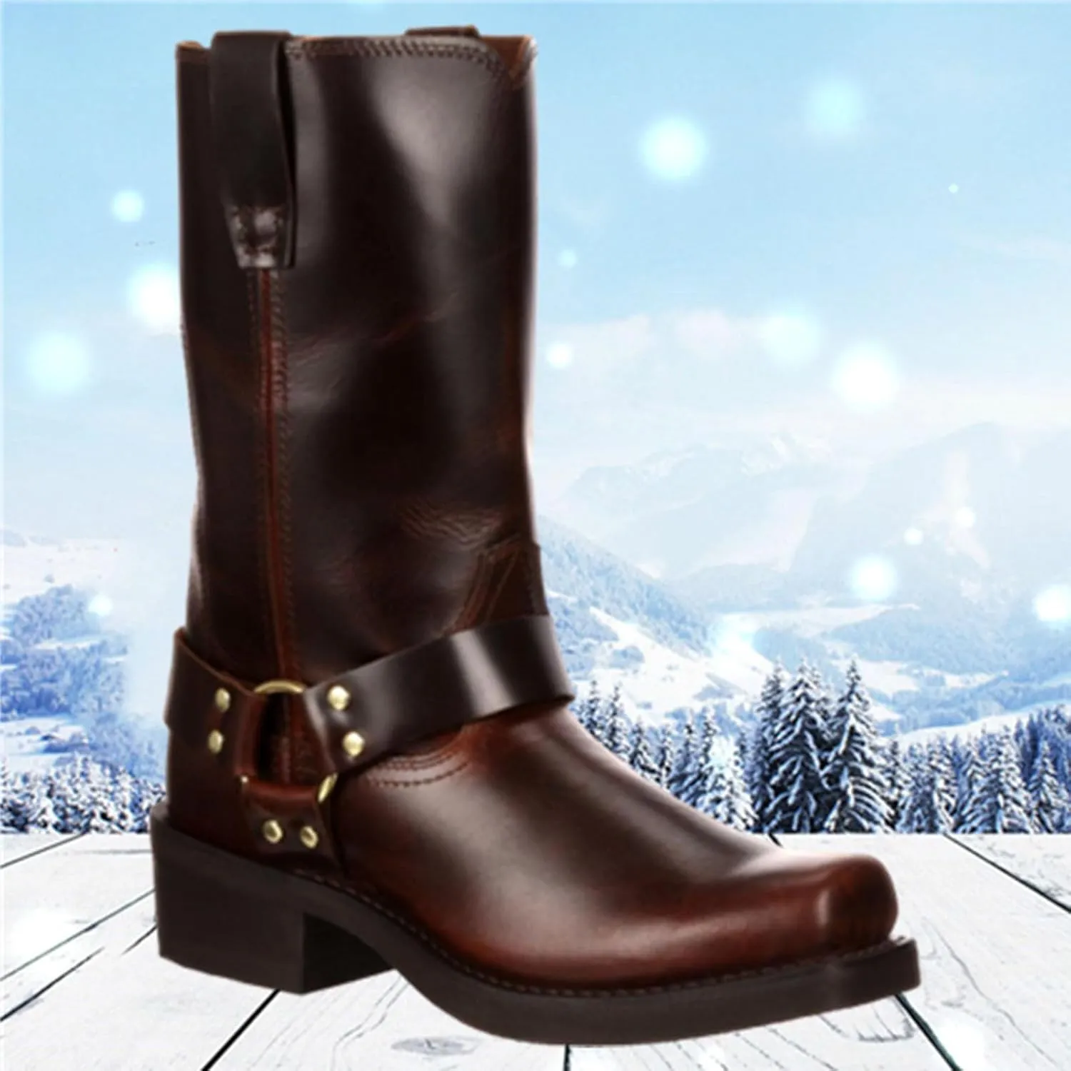ByErz Cowboy Boots for Men Western Boot Classic with Metal Buckle Square Toe Mid-Calf Boots
