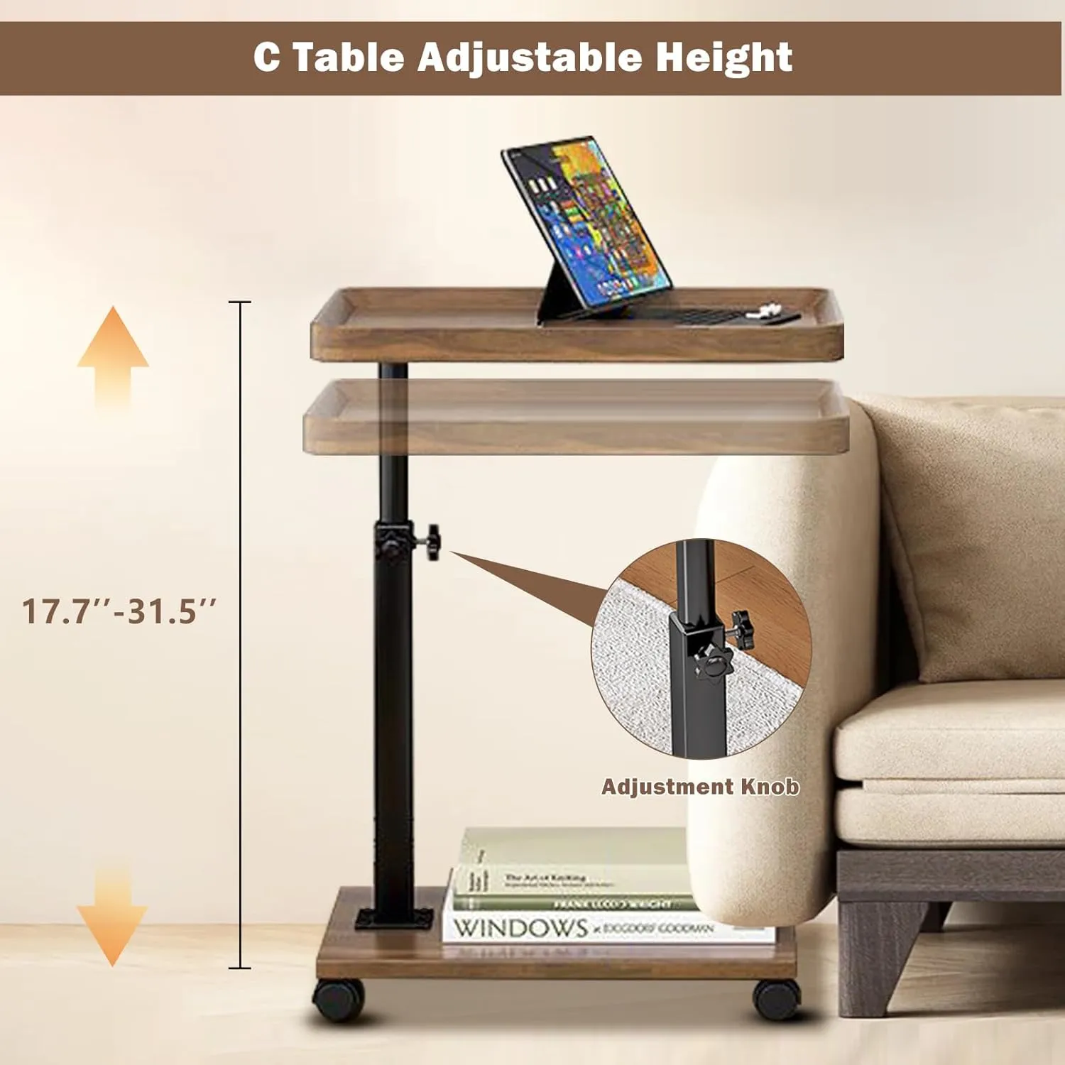 C Table End Table Adjustable Height,Couch Tables That Slide Under,C Shaped End Table with Wheels,Small C Shaped Side Table Living Room&Bedroom,Swivel Tray Table for Drink&Snack-Square Walnut