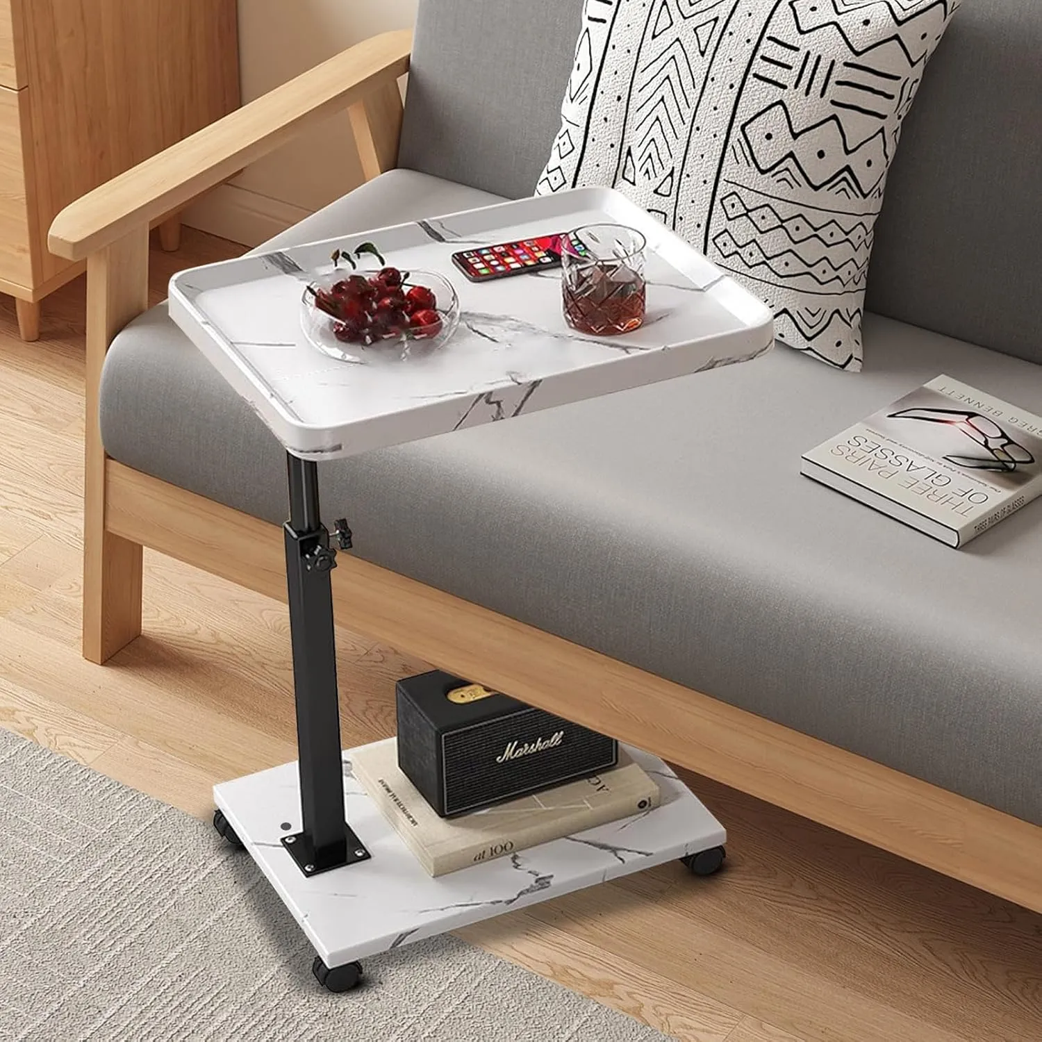C Table End Table Adjustable Height,Couch Tables That Slide Under,C Shaped End Table with Wheels,Small C Shaped Side Table Living Room&Bedroom,Swivel Tray Table for Drink&Snack-Square White