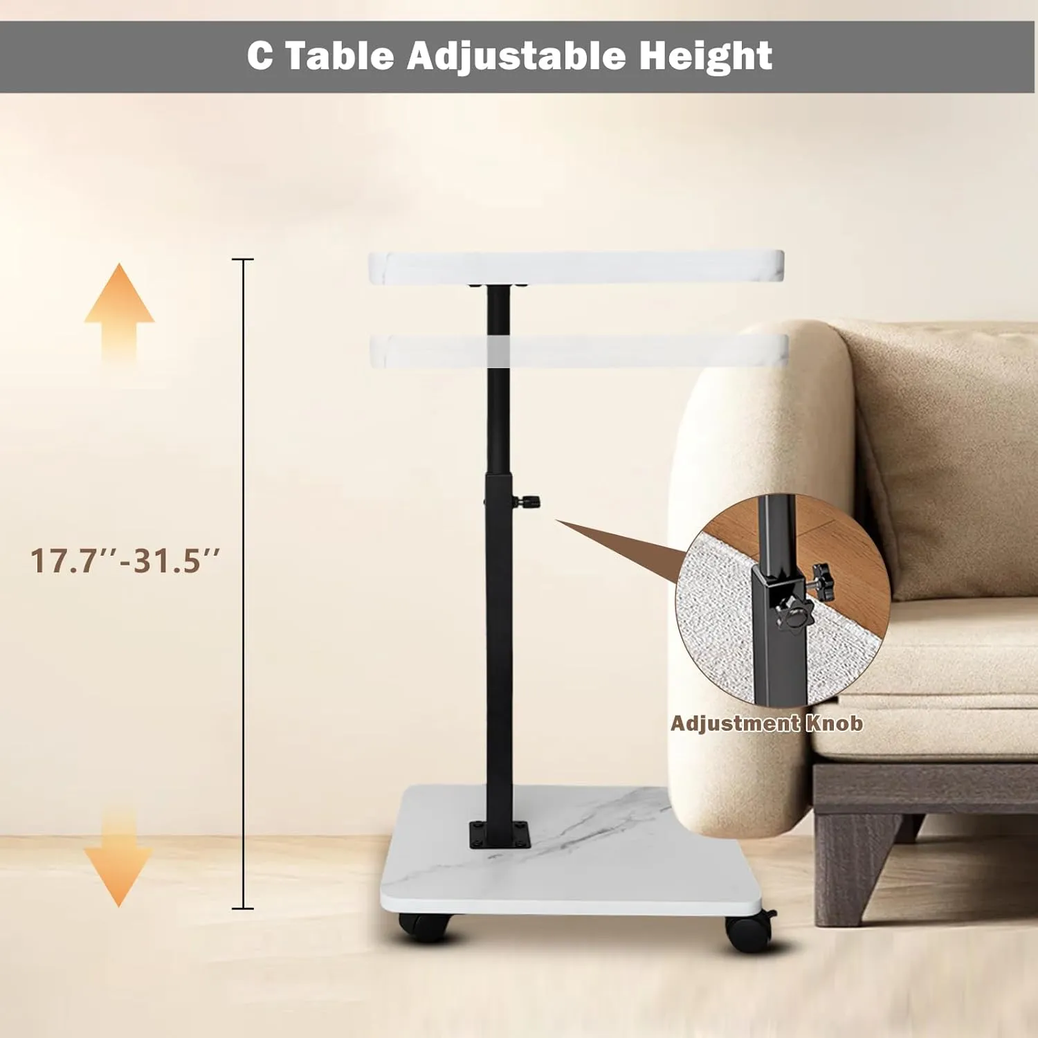 C Table End Table Adjustable Height,Couch Tables That Slide Under,C Shaped End Table with Wheels,Small C Shaped Side Table Living Room&Bedroom,Swivel Tray Table for Drink&Snack-Square White