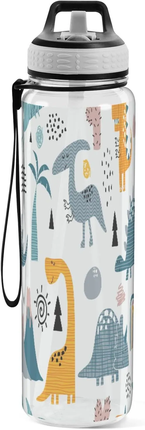 Caikeny Dino Rainbow Water Bottle with Straw Dinosaur Sports Bottles BPA-Free Tritan Water Jug with Carrying Strap for Women Men Gym