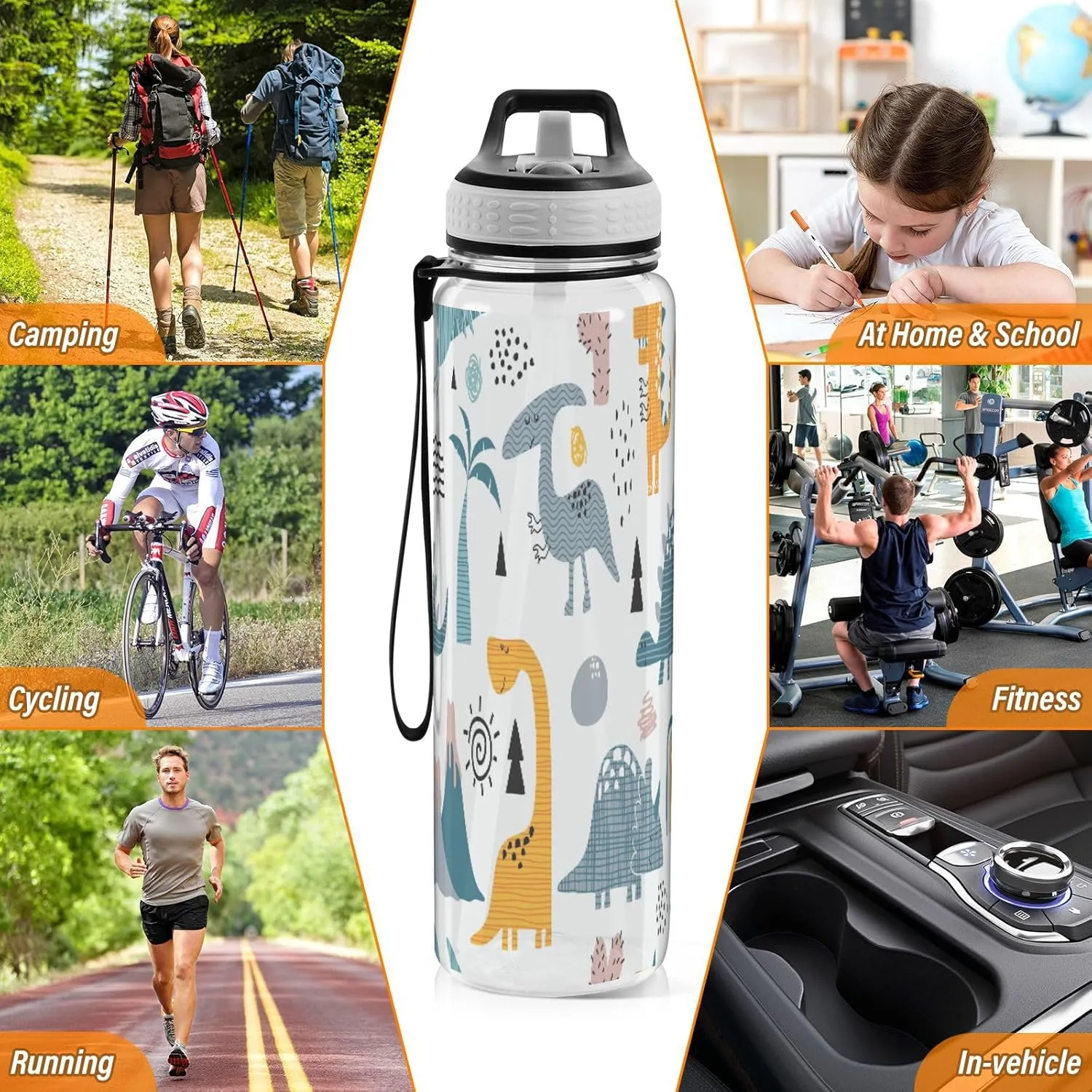 Caikeny Dino Rainbow Water Bottle with Straw Dinosaur Sports Bottles BPA-Free Tritan Water Jug with Carrying Strap for Women Men Gym