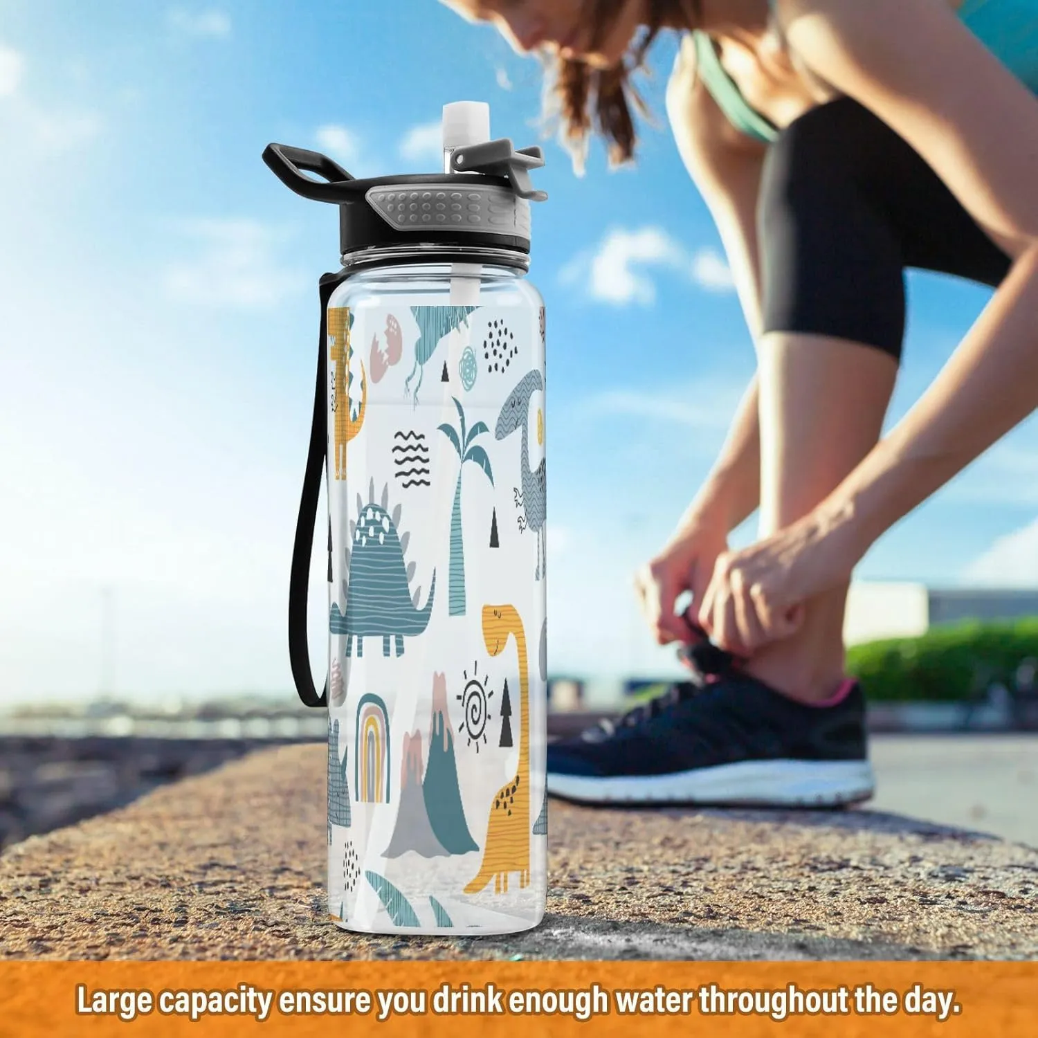 Caikeny Dino Rainbow Water Bottle with Straw Dinosaur Sports Bottles BPA-Free Tritan Water Jug with Carrying Strap for Women Men Gym