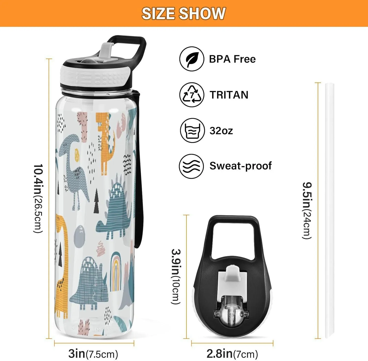 Caikeny Dino Rainbow Water Bottle with Straw Dinosaur Sports Bottles BPA-Free Tritan Water Jug with Carrying Strap for Women Men Gym