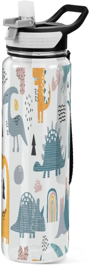 Caikeny Dino Rainbow Water Bottle with Straw Dinosaur Sports Bottles BPA-Free Tritan Water Jug with Carrying Strap for Women Men Gym