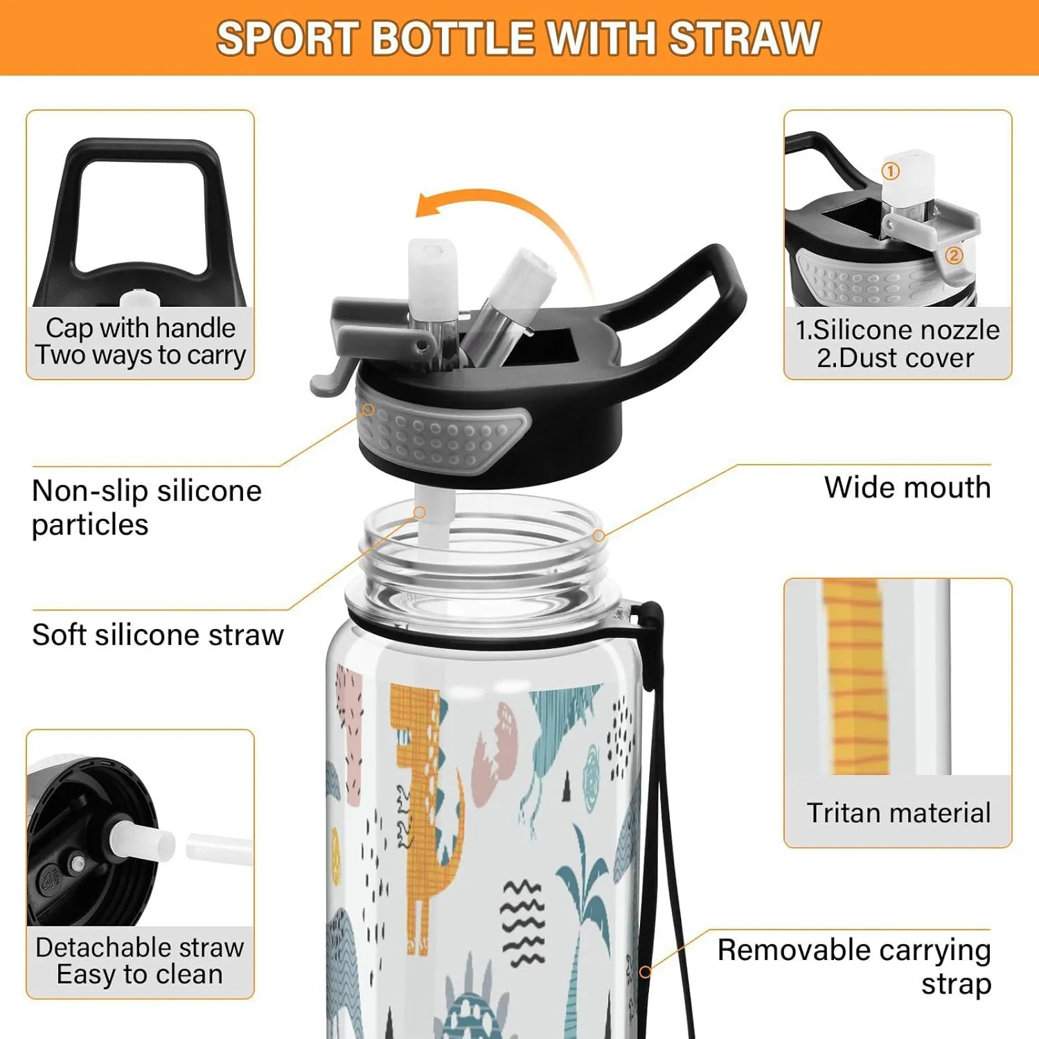 Caikeny Dino Rainbow Water Bottle with Straw Dinosaur Sports Bottles BPA-Free Tritan Water Jug with Carrying Strap for Women Men Gym