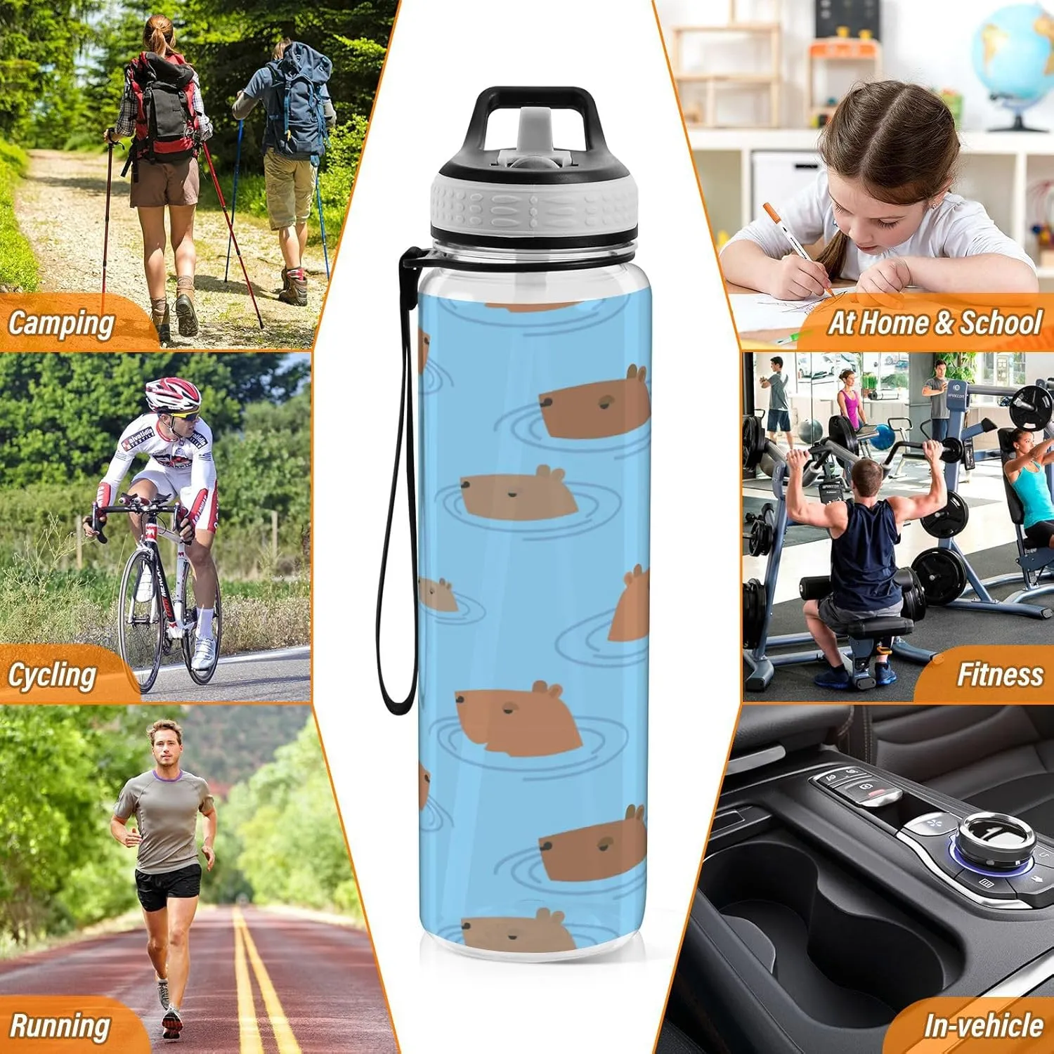 Caikeny Guinea Pig Capybara Water Bottle with Straw Sports Bottles BPA-Free Tritan Water Jug with Carrying Strap for Gym Office Outdoor Sports