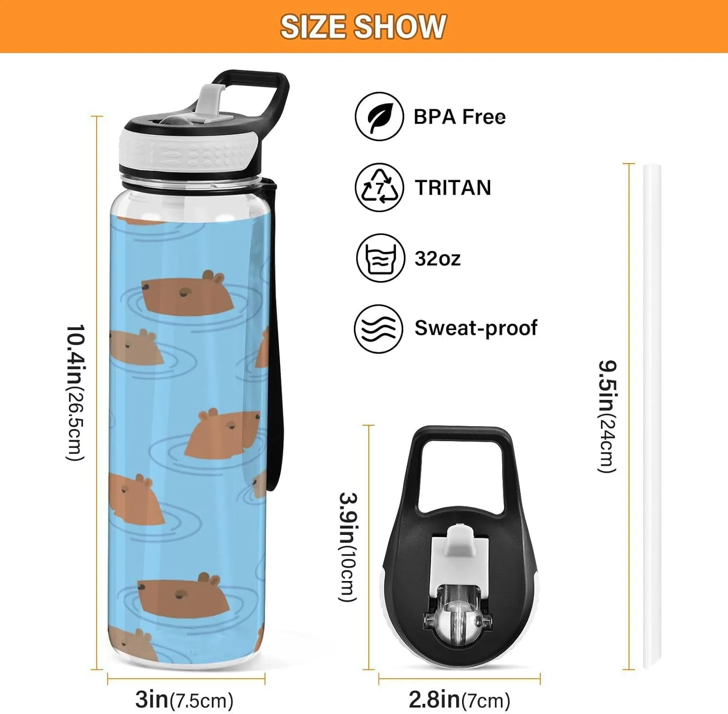 Caikeny Guinea Pig Capybara Water Bottle with Straw Sports Bottles BPA-Free Tritan Water Jug with Carrying Strap for Gym Office Outdoor Sports