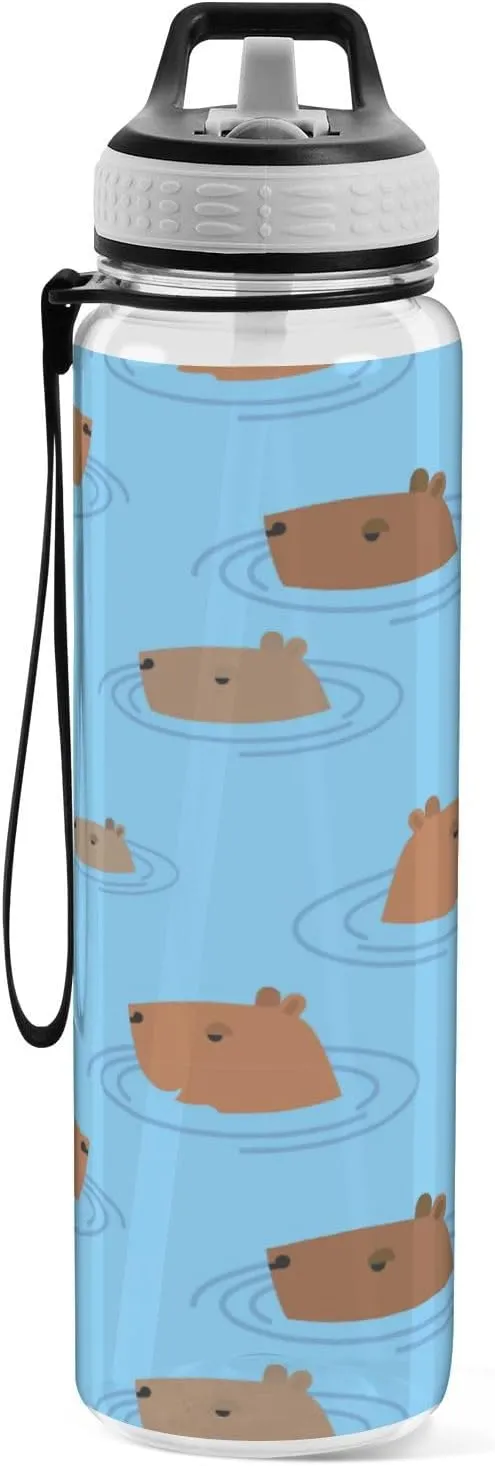 Caikeny Guinea Pig Capybara Water Bottle with Straw Sports Bottles BPA-Free Tritan Water Jug with Carrying Strap for Gym Office Outdoor Sports
