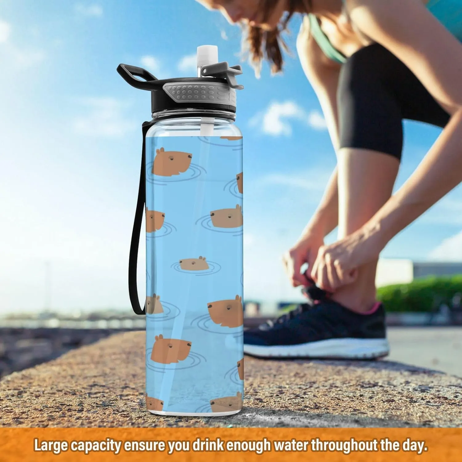 Caikeny Guinea Pig Capybara Water Bottle with Straw Sports Bottles BPA-Free Tritan Water Jug with Carrying Strap for Gym Office Outdoor Sports