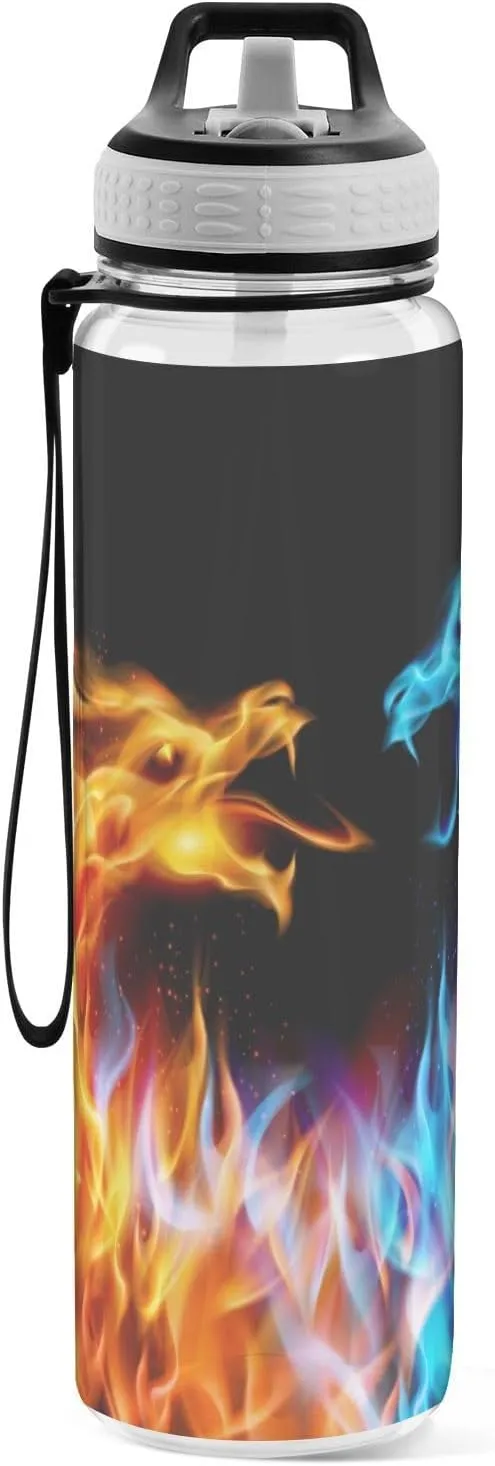 Caikeny Water Bottle with Straw Blue Red Fiery Dragon Sports Bottles BPA-Free Tritan Animal Water Jug with Carrying Strap for Gym Office Outdoor Sports