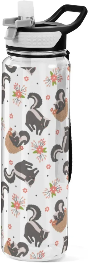 Caikeny Water Bottle with Straw Cute Skunk Flowers Sports Bottles Floral BPA-Free Tritan Water Jug with Carrying Strap for Women Men Gym