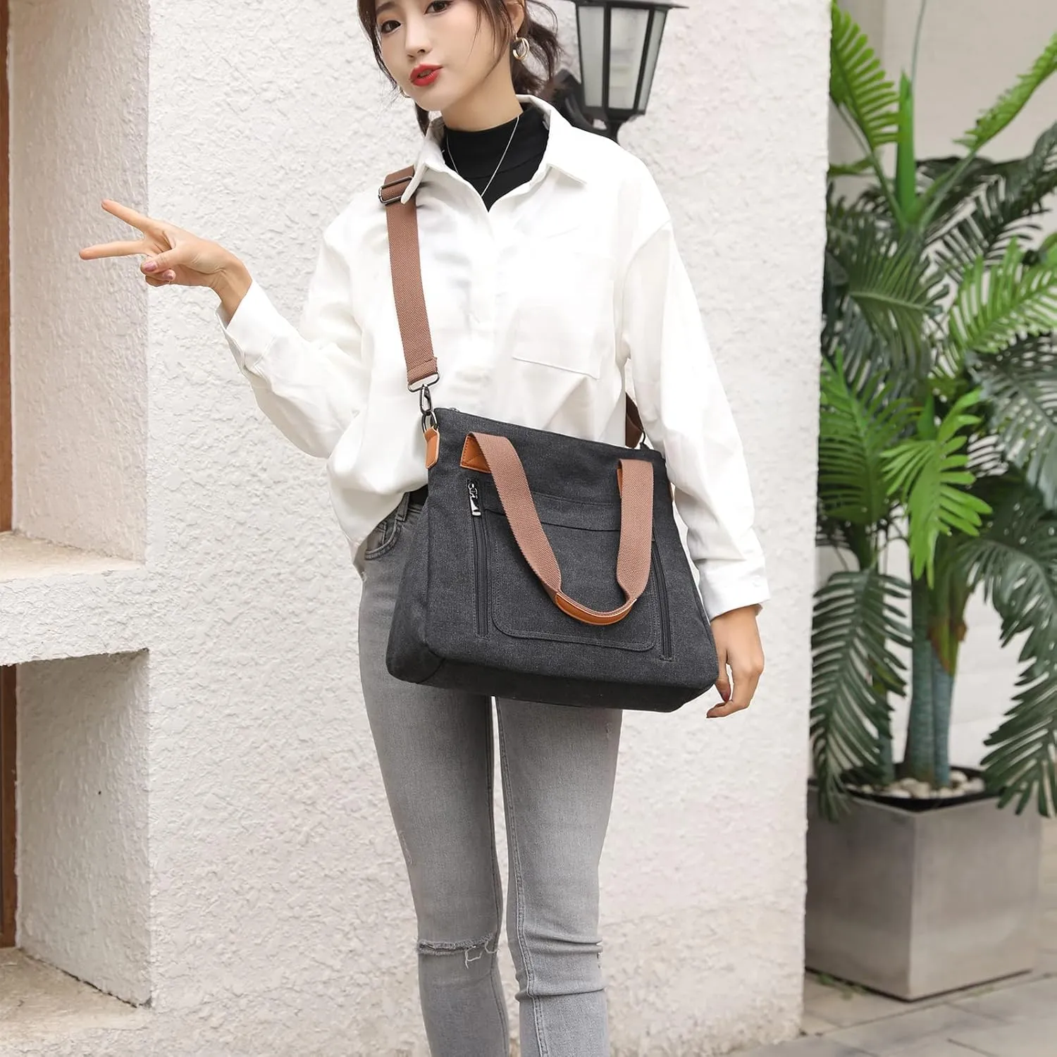 Canvas Crossbody Bags for Women Trendy Tote Purses Work Shoulder Multi-pocket Handbags