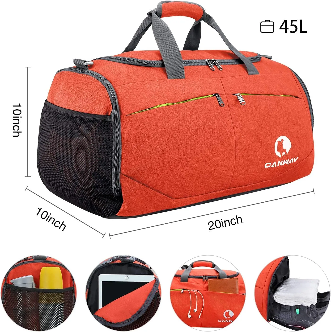 Canway Sports Gym Bag, Travel Duffel bag with Wet Pocket & Shoes Compartment for men women, 45L/40L, Lightweight